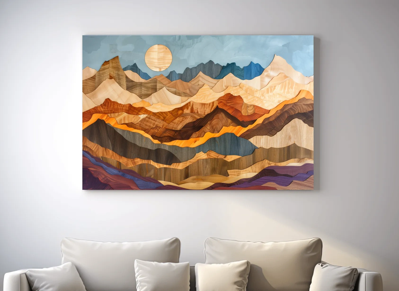 Layered Wooden Mountain Range - Intarsia Style Canvas Wall Art