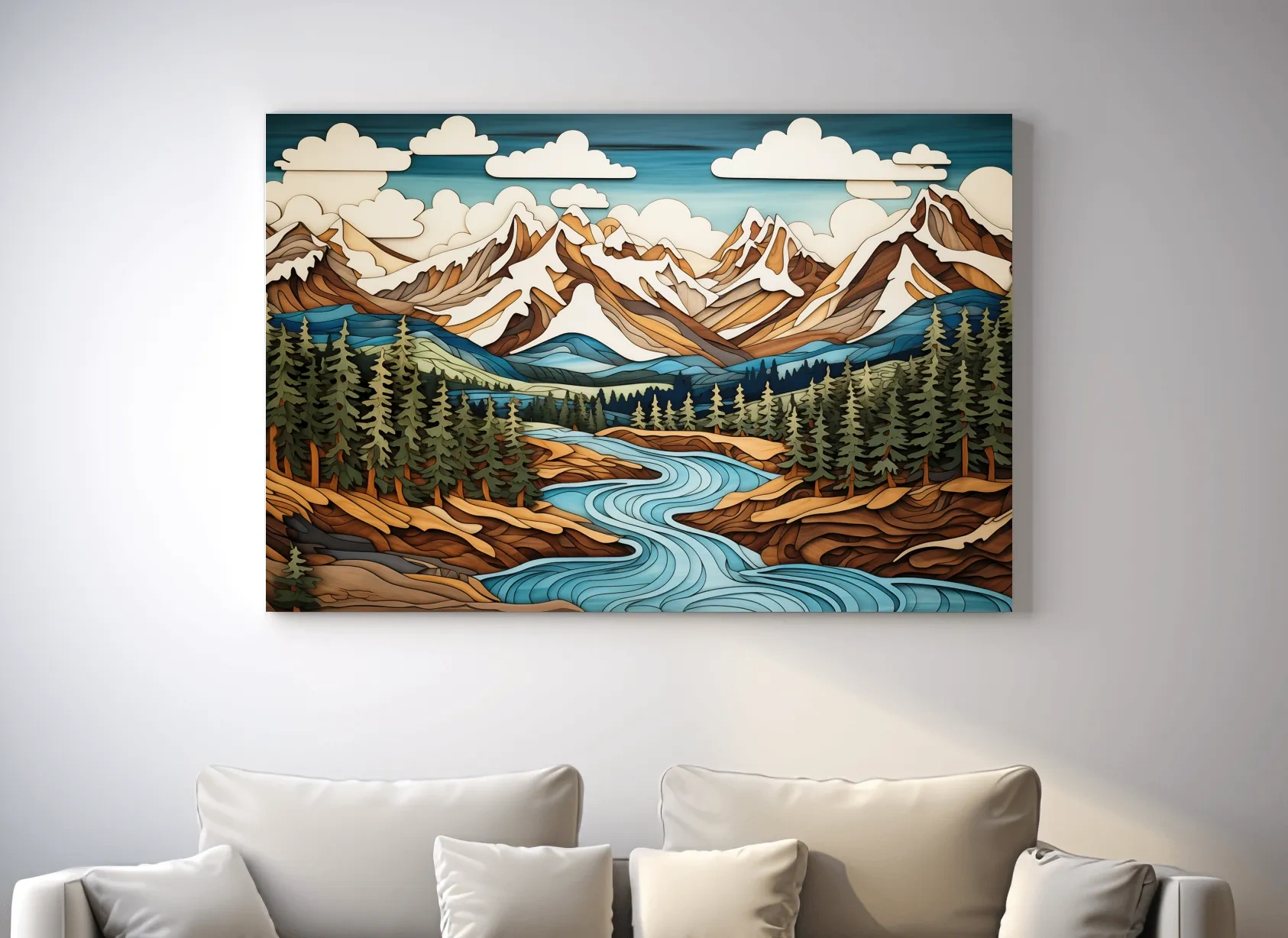 Intarsia Style Mountain River Landscape - Rustic Alpine Forest Artwork