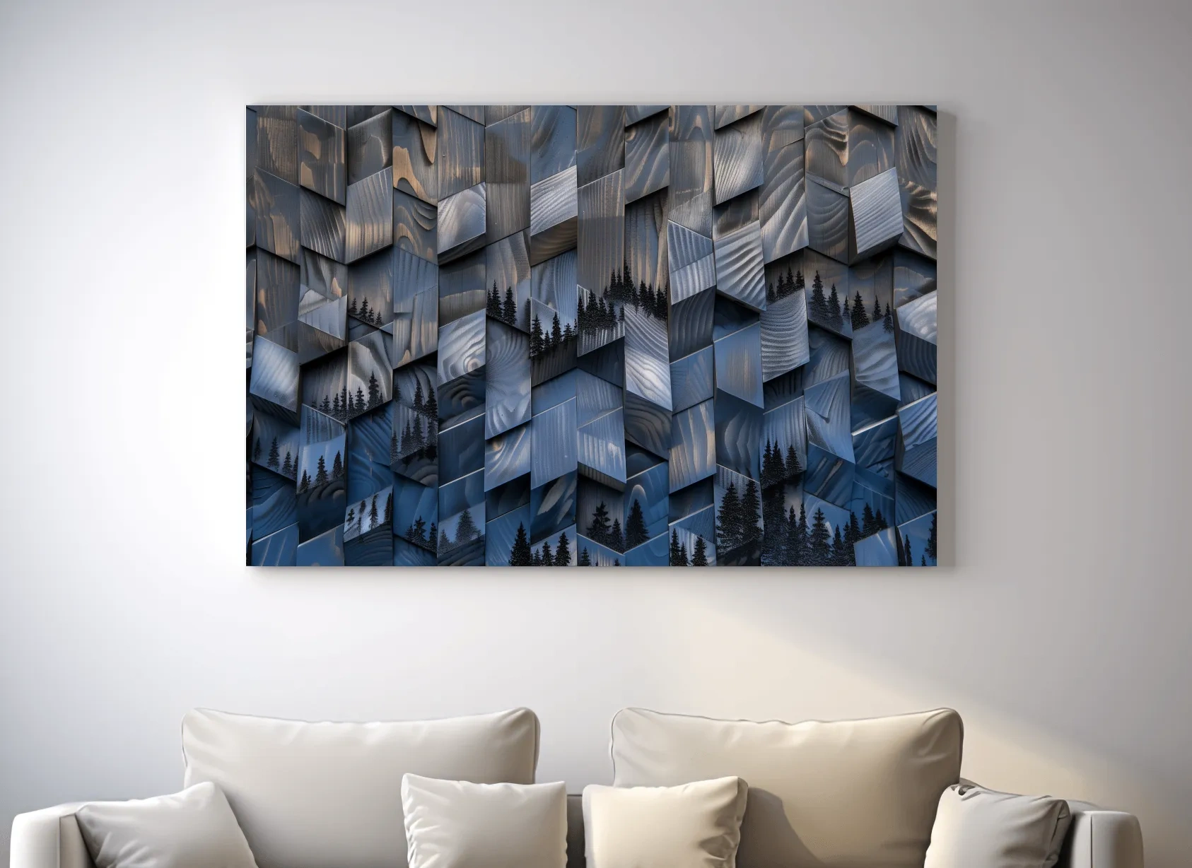 Wood Block Mountain Forest Collage - 3D Effect Abstract Landscape Wall Art