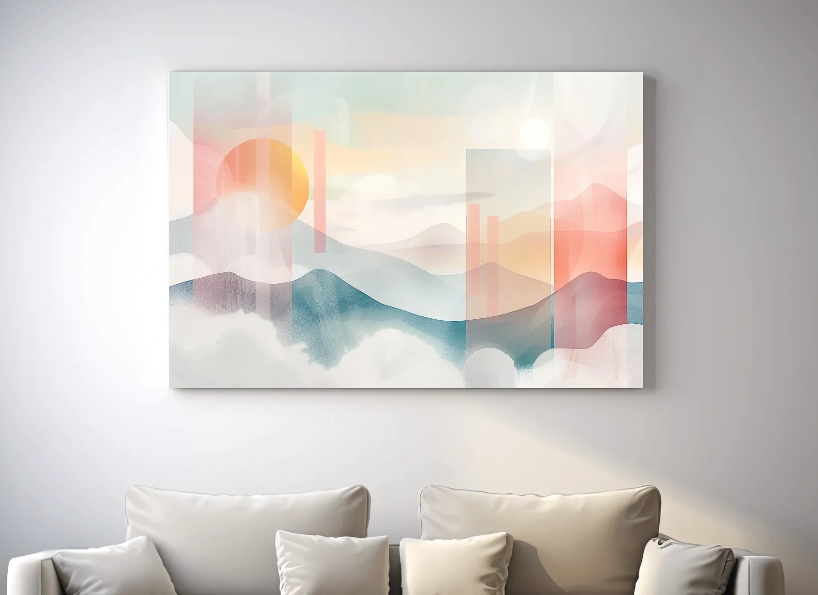 Mountains at sunset, soft pastel watercolor painting wall art