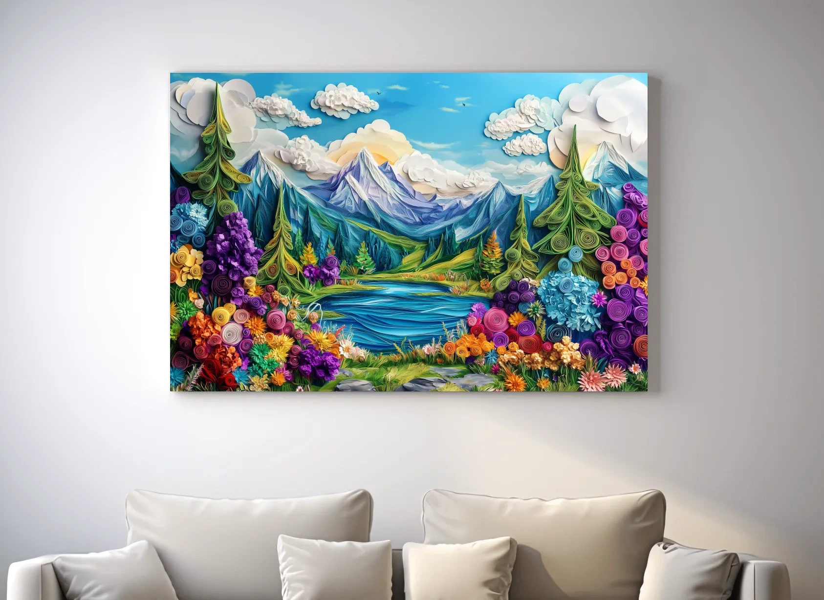 Colorful Paper Quilling Alpine Meadows Landscape - 3D Effect Nature Wall Art