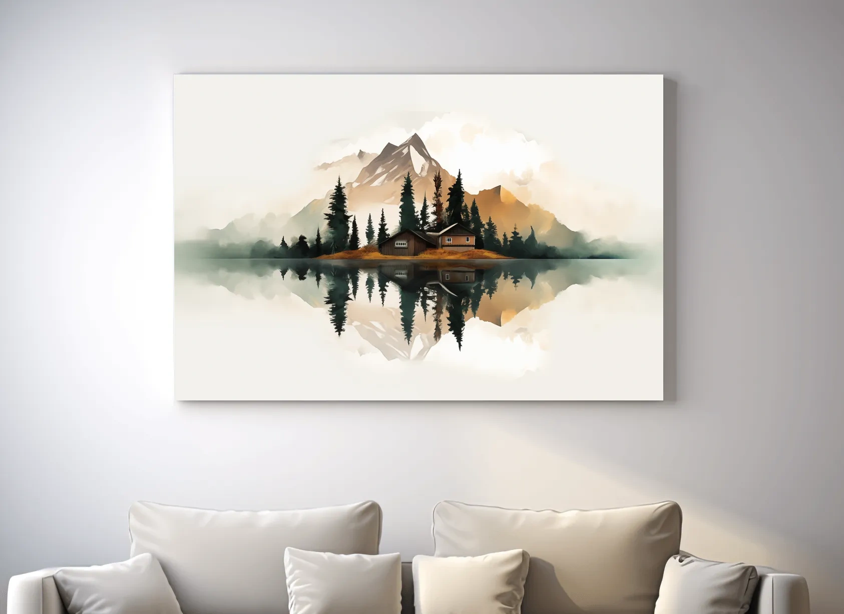 Minimalist Mountain Cabin Lake Reflection - Misty Watercolor Landscape Wall Art