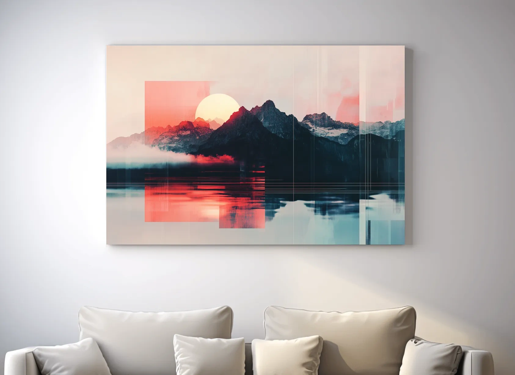 Abstract Alpine Mountain Sunset Reflection - Modern Geometric Glitch Wall Art