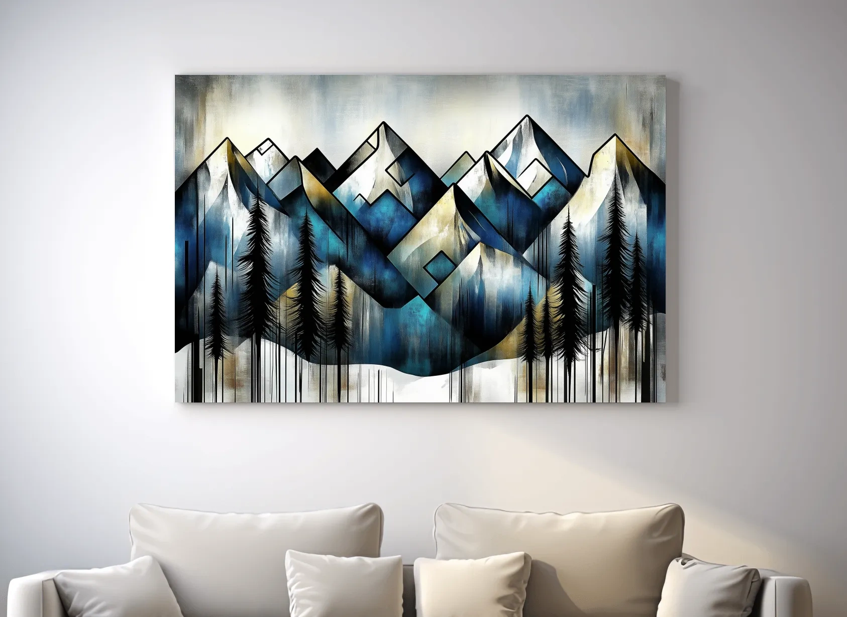 Geometric Mountain Peaks With Pine Trees - Modern Abstract Landscape Artwork