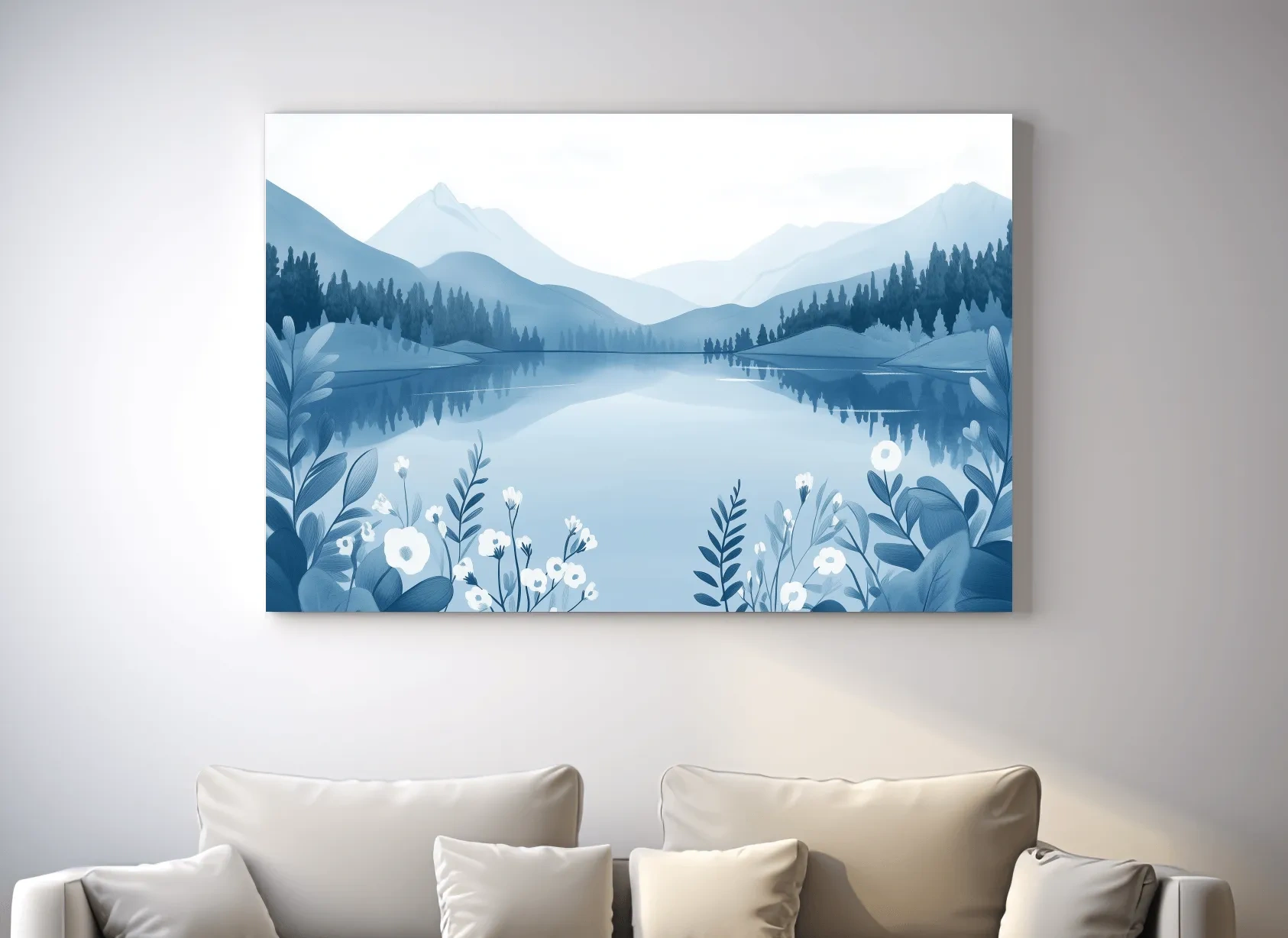 Serene Mountain Lake Illustration - Minimalist Alpine Landscape Wall Art