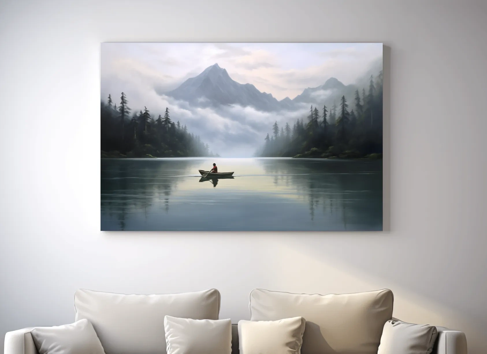 Misty Mountain Alpine Lake Canoe Scene - Serene Landscape Wall Art