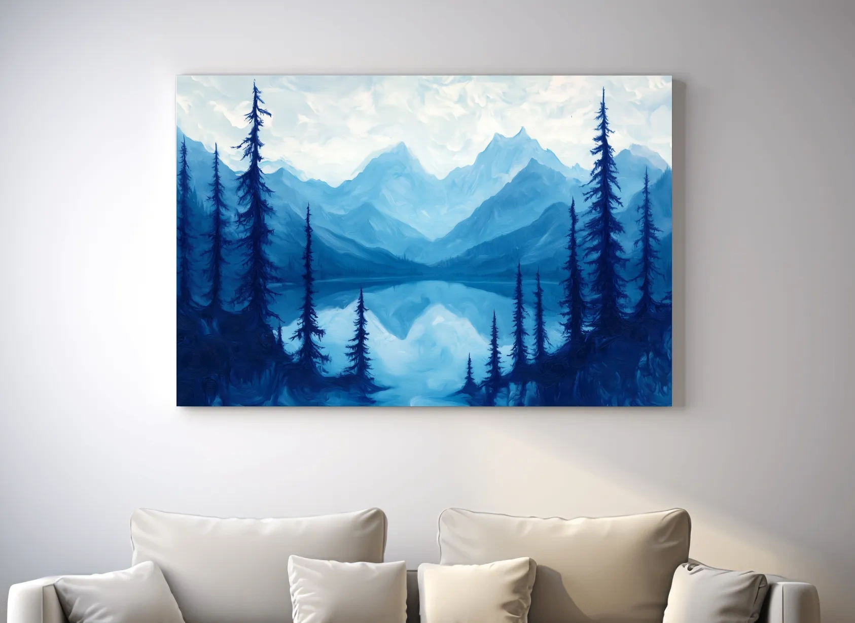 Serene Blue Mountain Lake Oil Painting - Alpine Forest Landscape Artwork