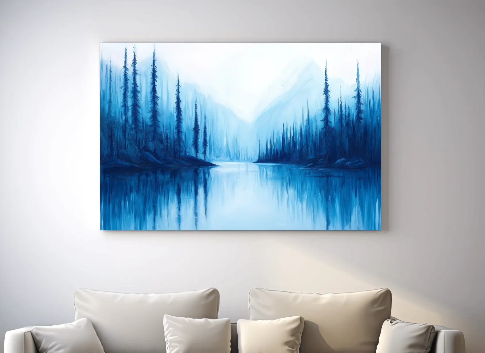 Misty Blue Alpine Lake & Pine Forest - Impressionist Landscape Painting Artwork
