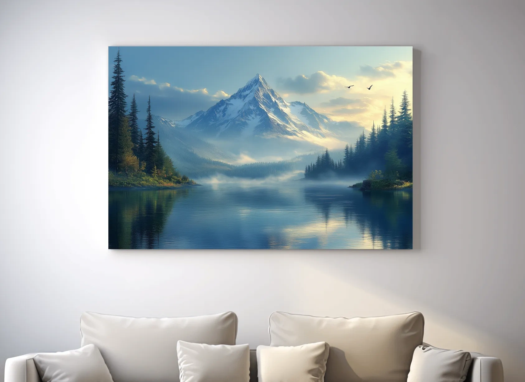 Misty Alpine Mountain Lake Sunset - Pine Forest Artwork