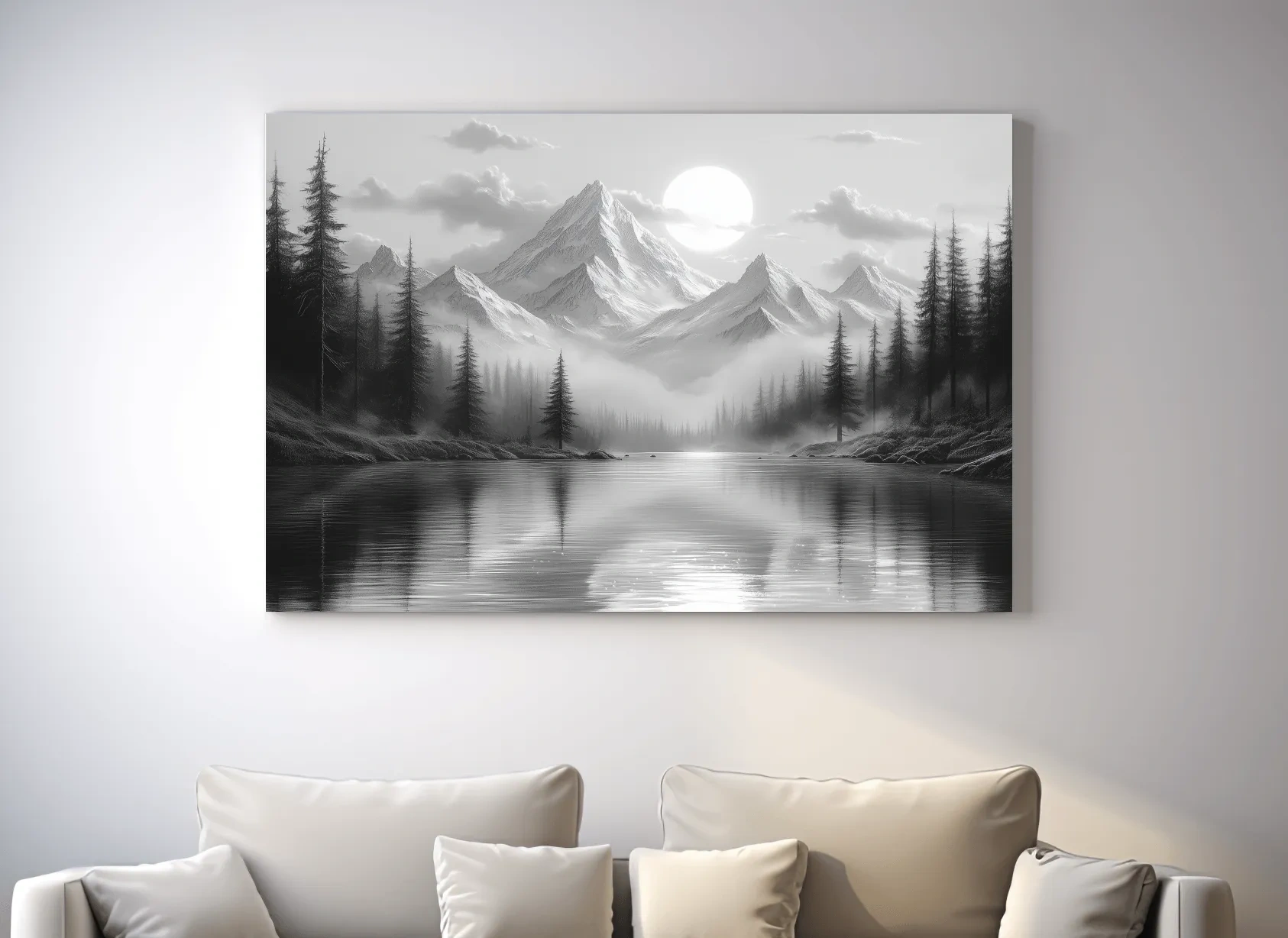 Monochrome Misty Alpine Lake Landscape - Mountain Forest Wall Art