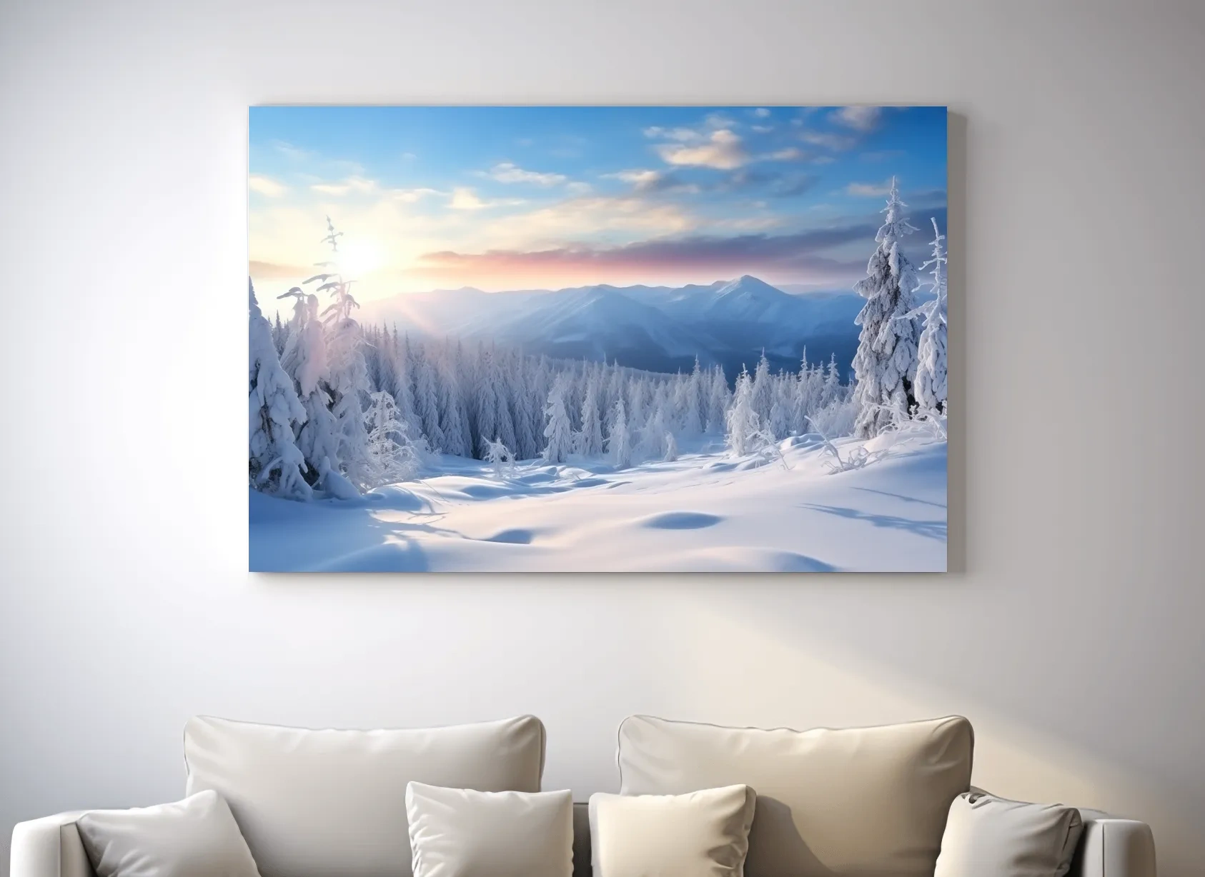 Serene Winter Mountain Sunrise Artwork - Snowy Pine Forest Photographic Wall Art