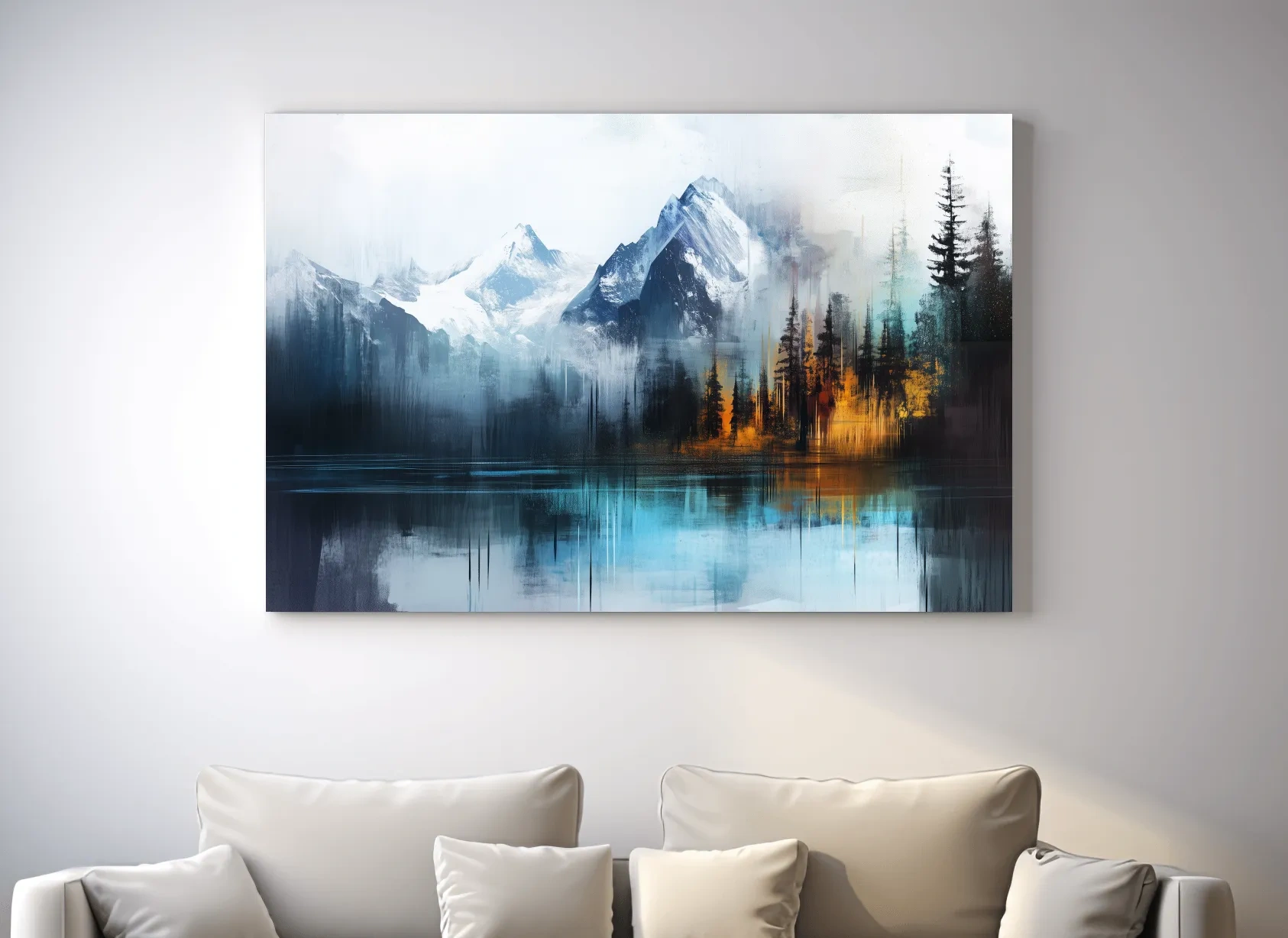 Misty Mountain & Lake Reflection - Abstract Painting Pine Forest Wall Art