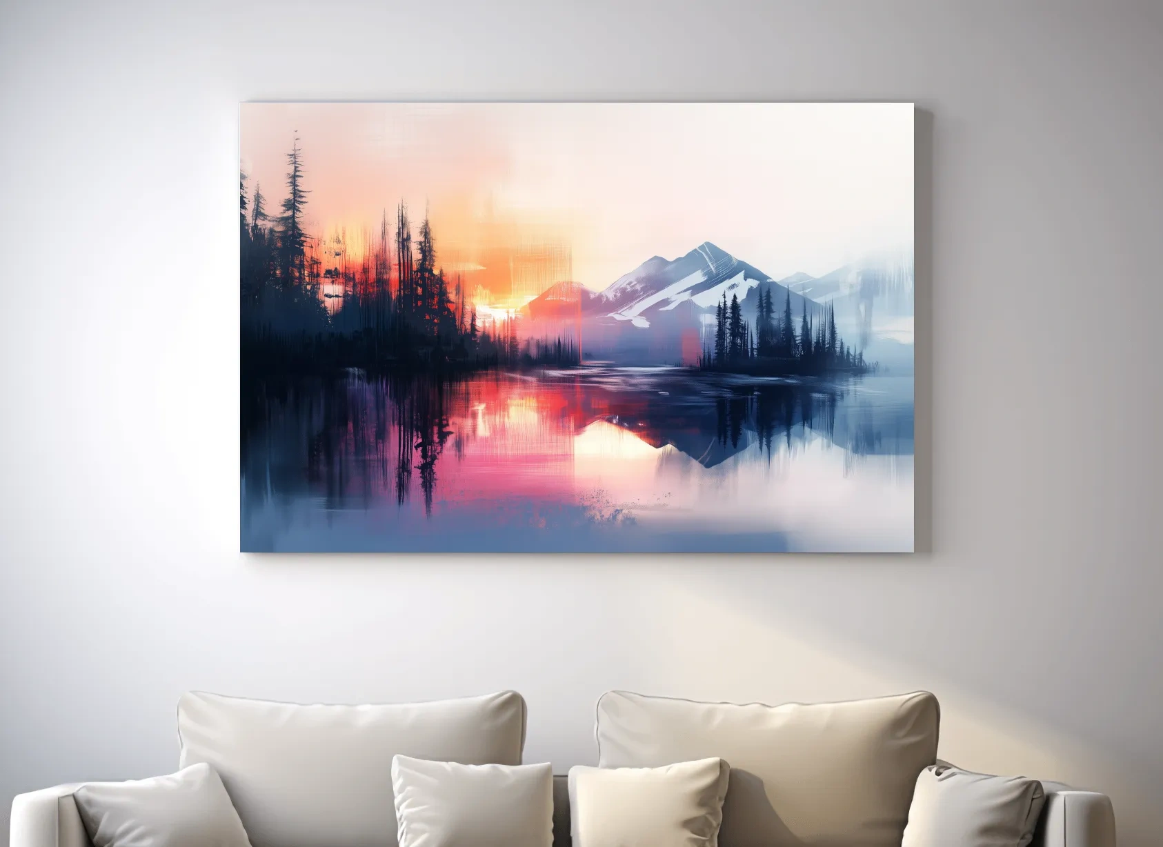 Vibrant Sunset Alpine Mountain Lake Reflection - Abstract Watercolor Forest Wall Art