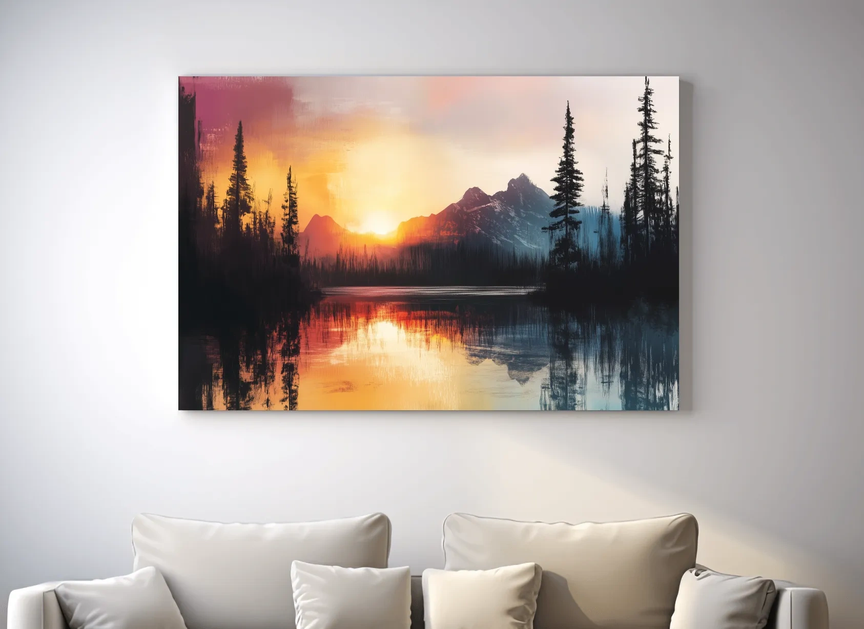 Sunset Mountain Lake Reflection Painting - Dramatic Pine Forest Landscape Wall Art