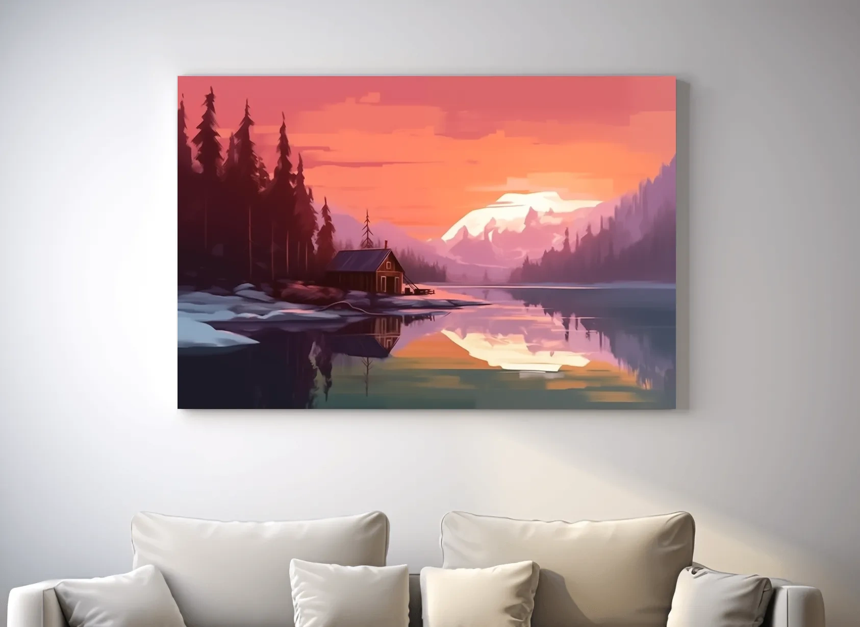 Sunset Mountain Lake Cabin Painting - Serene Alpine Landscape Wall Art