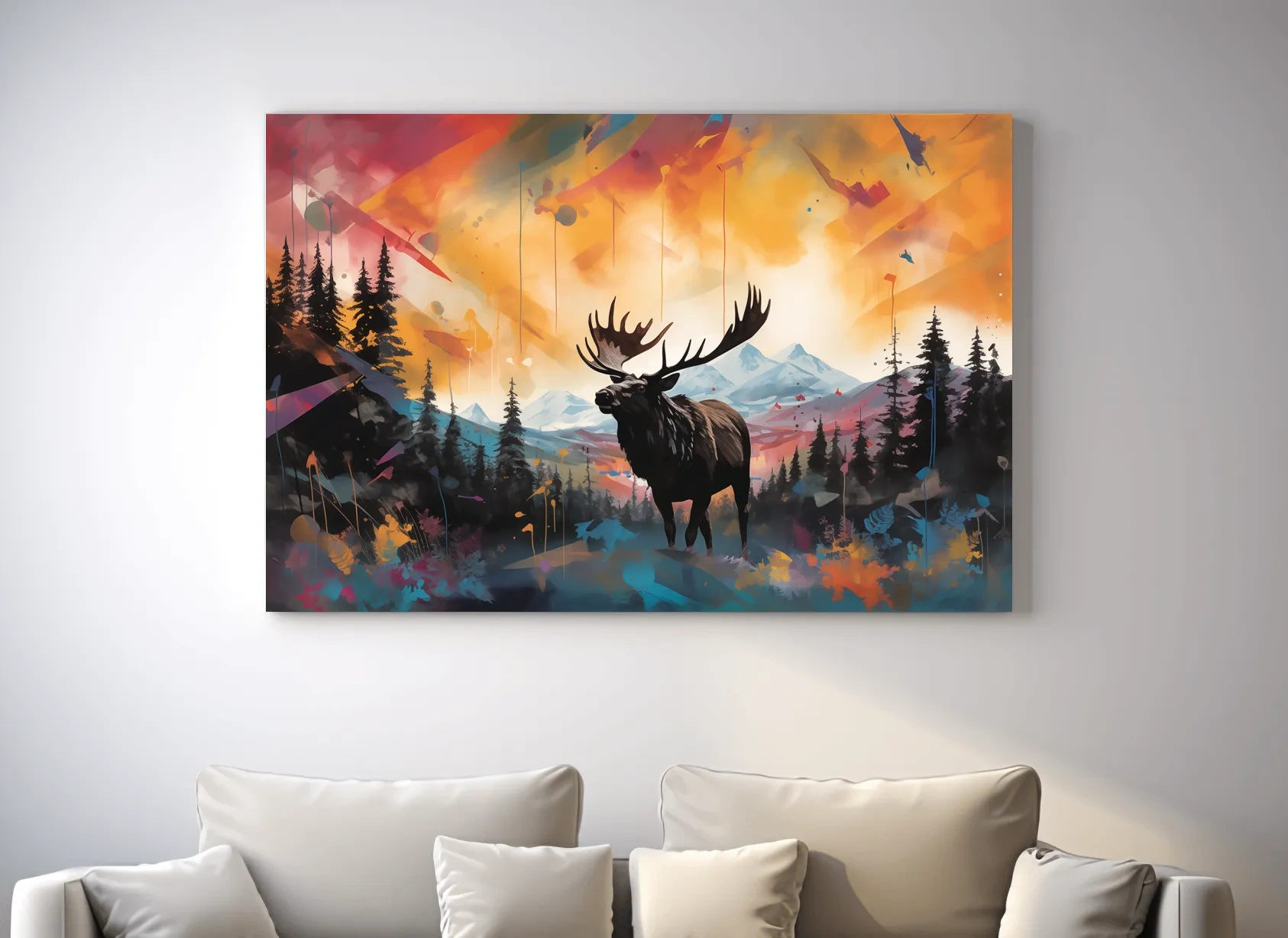 Vibrant Abstract Moose Mountain Painting - Colorful Wildlife Wall Art