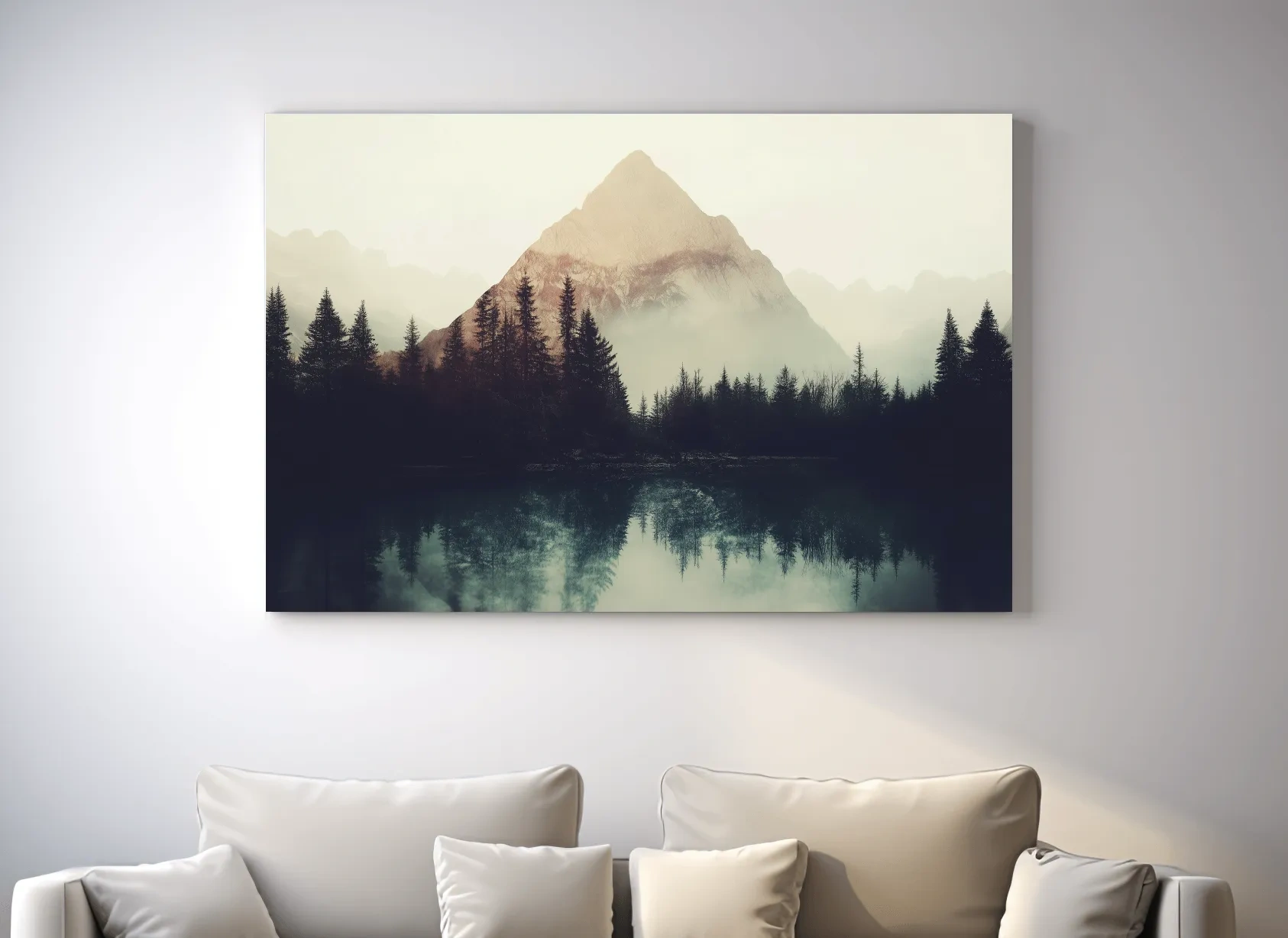 Misty Pine Forest Silhouette Lake Reflection - Moody Mountain Wall Art