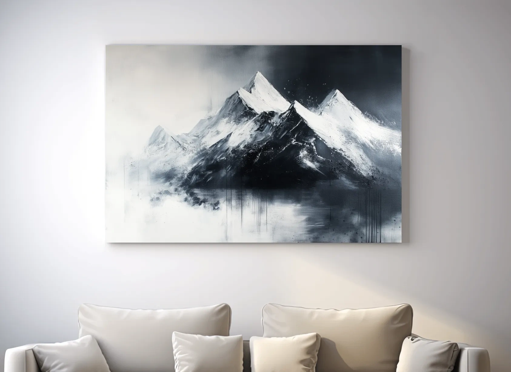 Moody Monochrome Snowcapped Mountain Peaks Painting - Modern Minimalist Wall Art
