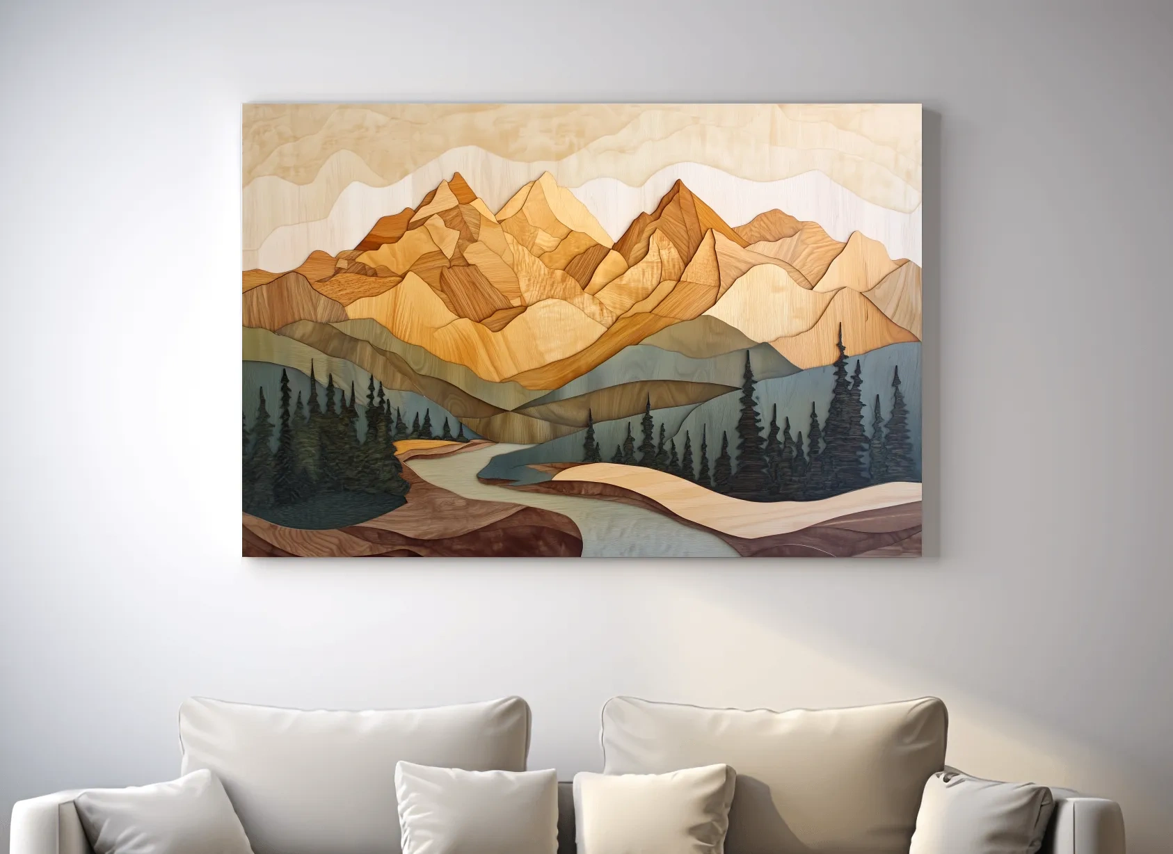 Wood Intarsia Mountain Landscape - Warm Earth Tone Alpine Forest Wall Art