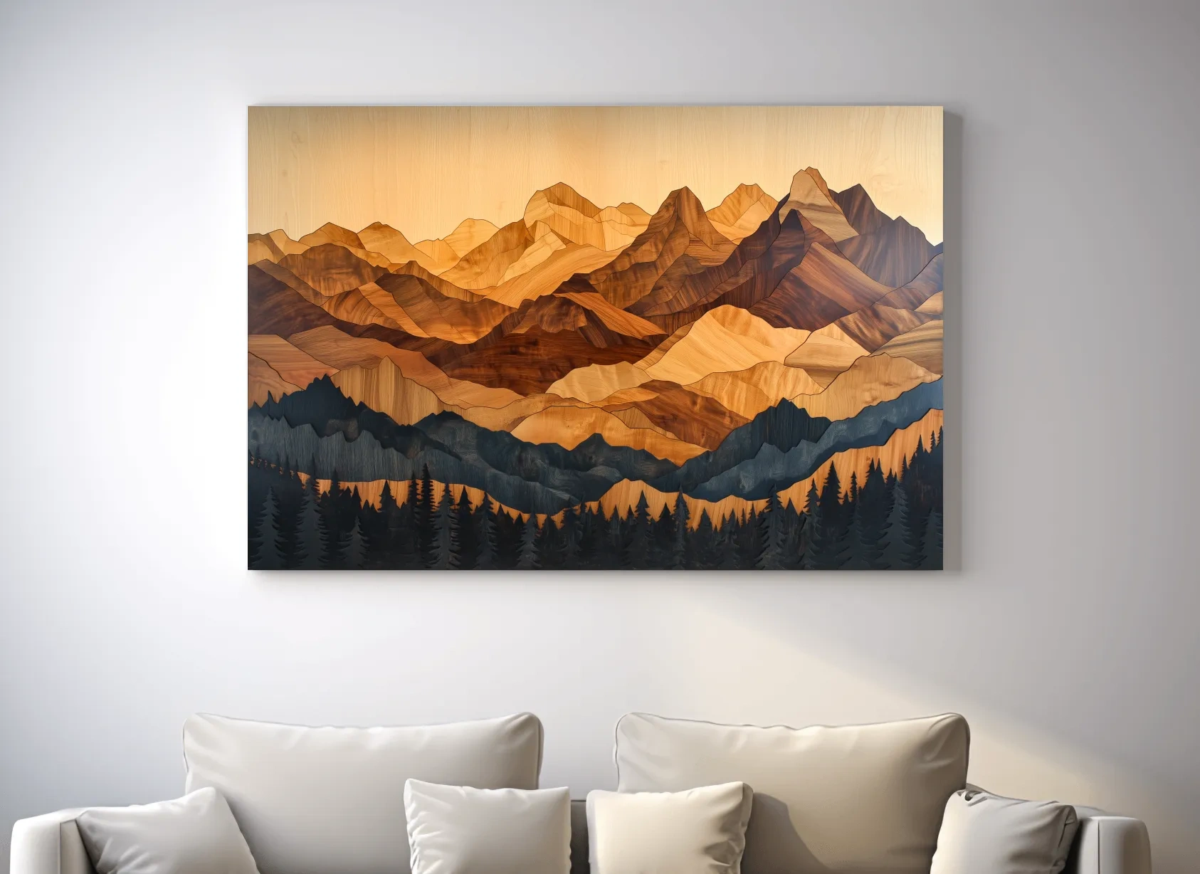 Layered Woodcut Intarsia Mountain Range Landscape - Peaks And Pine Forest Wall Art