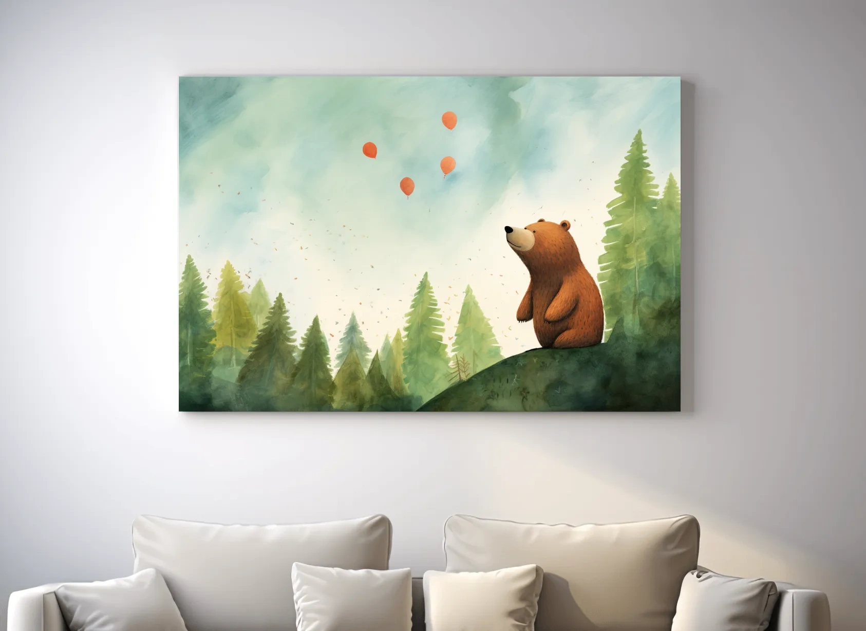 Whimsical Watercolor Bear Watching Balloons - Cute Nursery Forest Wall Art