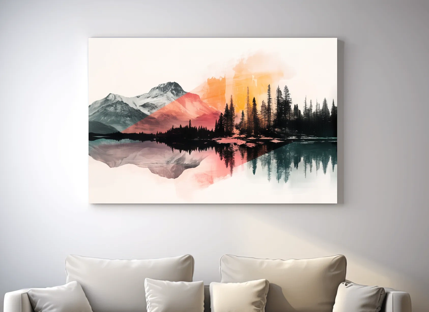 Abstract Alpine Lake Reflection Painting - Modern Watercolor Forest Landscape Wall Art