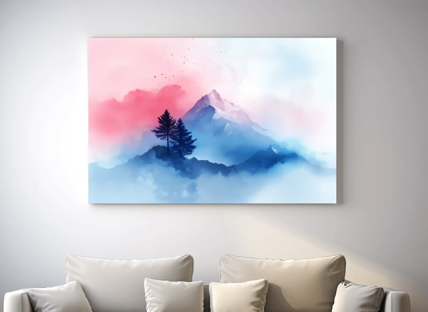 Serene mountain art painting, snowy glacier peaks, alpine trees and pastel clouds