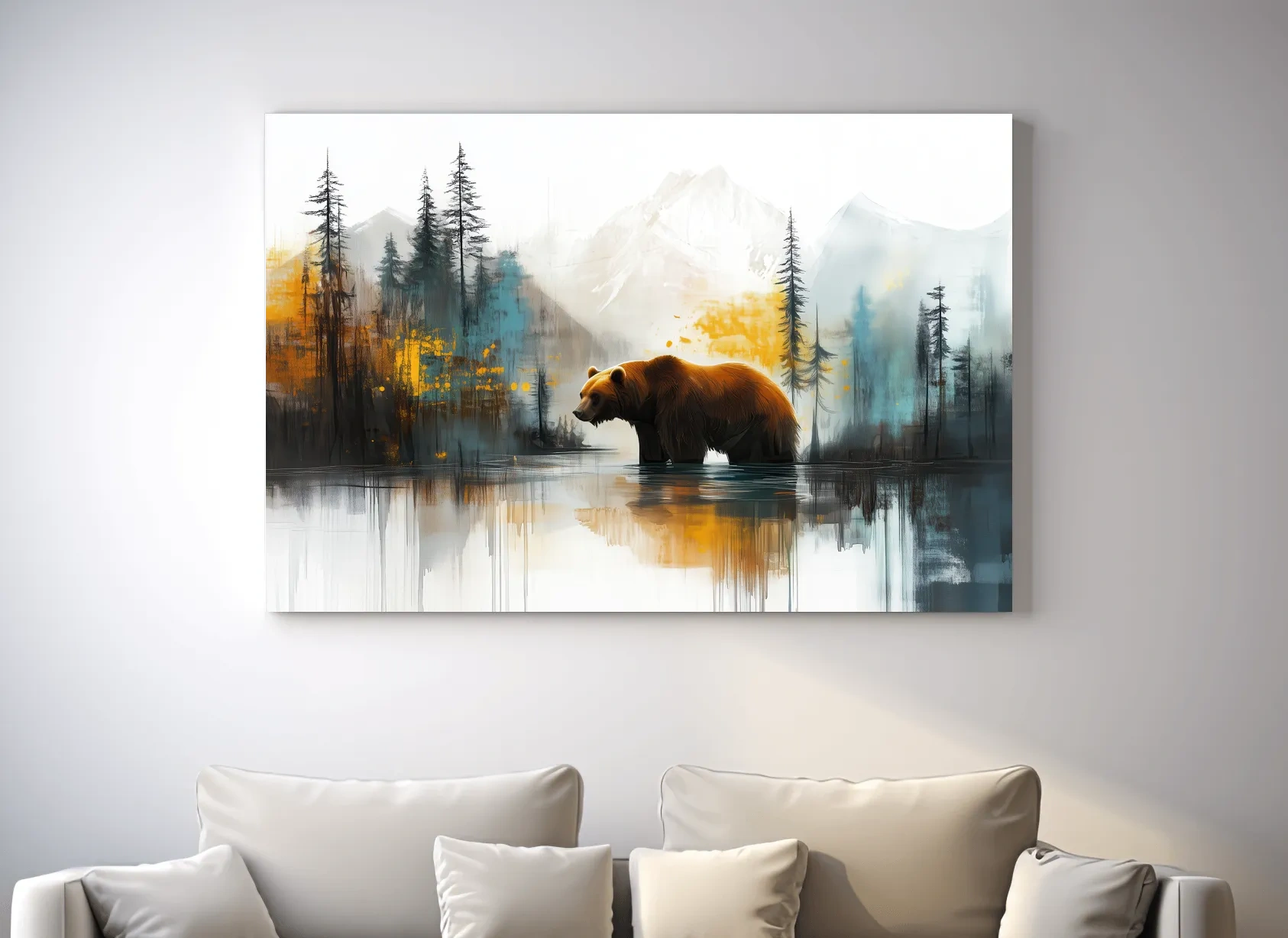 Grizzly Bear Lake Reflection - Misty Mountain Forest Watercolor Style Artwork