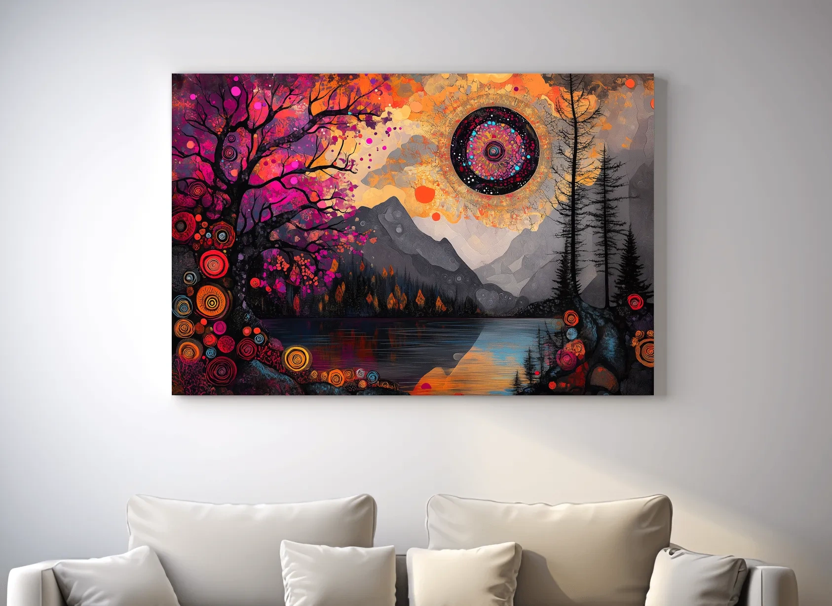 Psychedelic Mountain Lake Sunset Mandala - Vibrant Surreal Landscape Wall Art