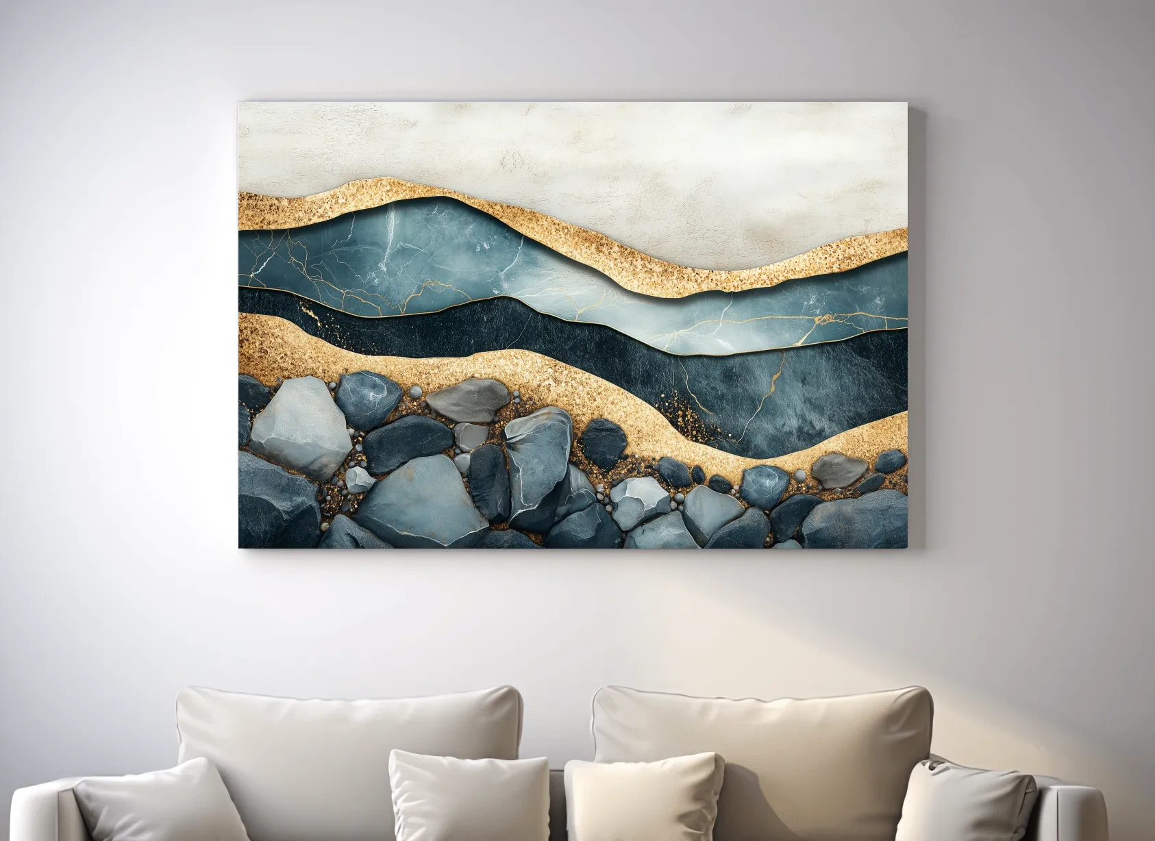 Luxury Teal Gold Marble Geode Layers - Modern River Rock Wall Art