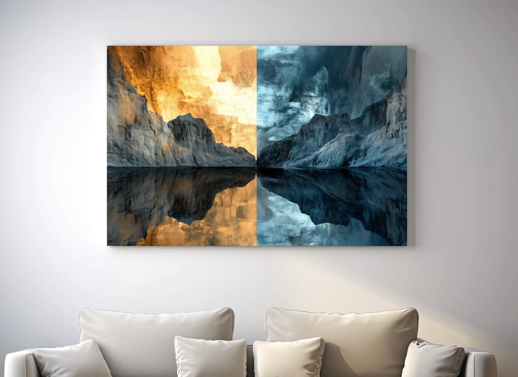 Split Tone Mountain Lake Reflection - Fiery Sunset Cool Twilight