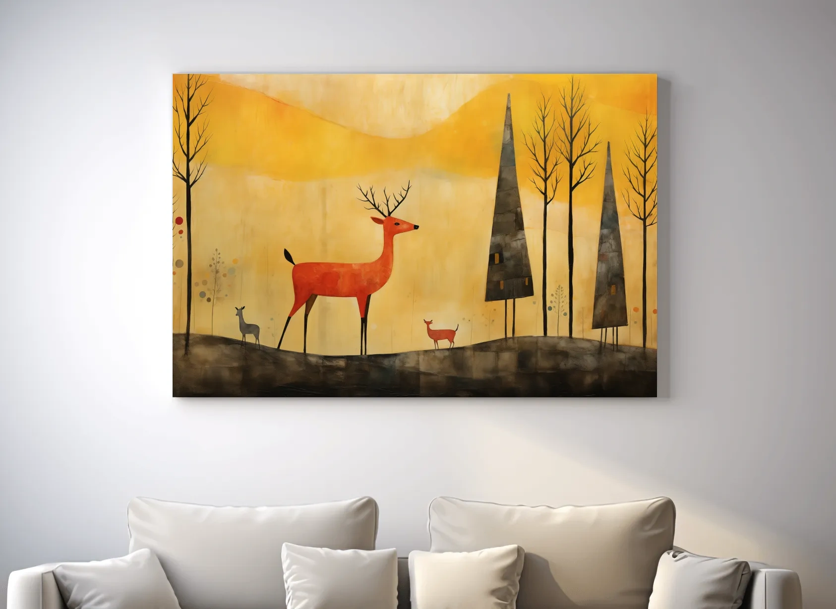 Whimsical Deer Forest Illustration - Autumn Woodland Landscape Wall Art