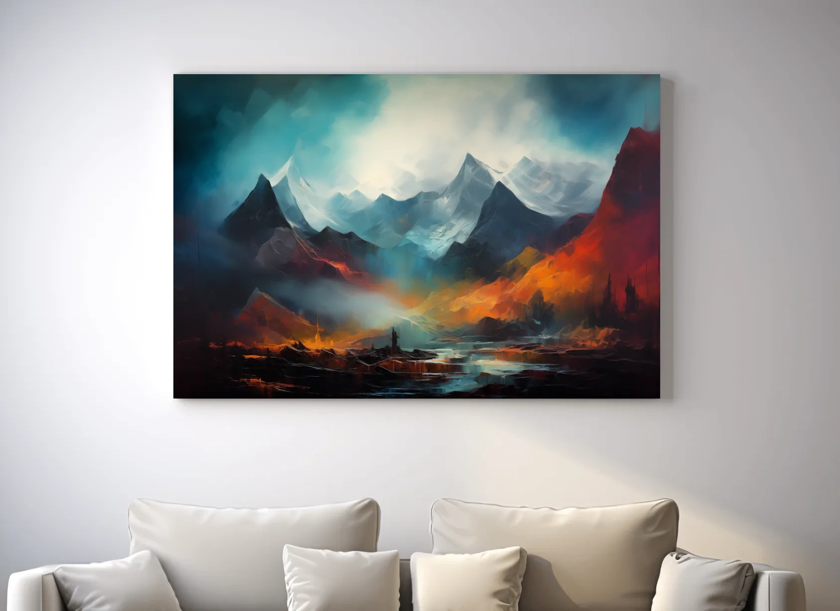 Colorful impressionist painting, abstract mountain landscape artwork