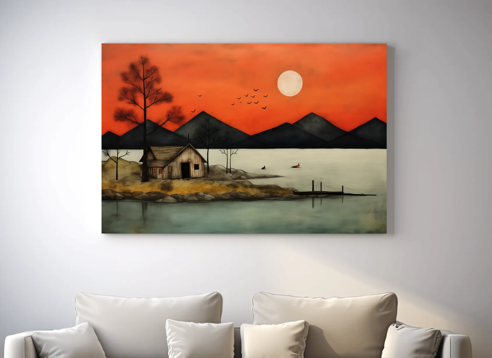 Rustic Lakeside Cabin Sunset Painting - Mountain Wall Art