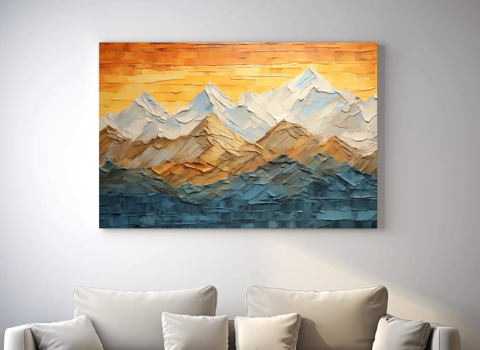Impasto Style Mountain Range Sunset - Pallet Knife Painting Effect Wall Art