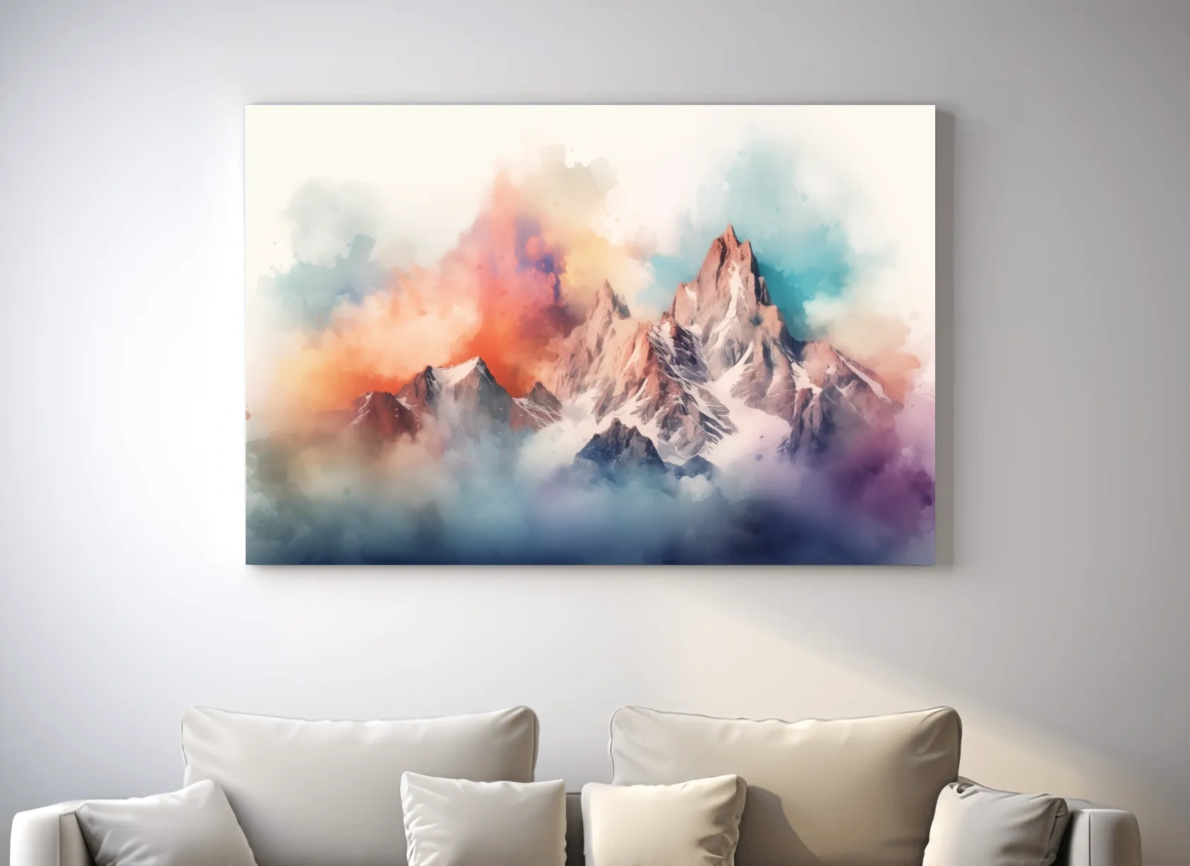 Vibrant Watercolor Alpine Mountain Peaks - Colorful Misty Artwork