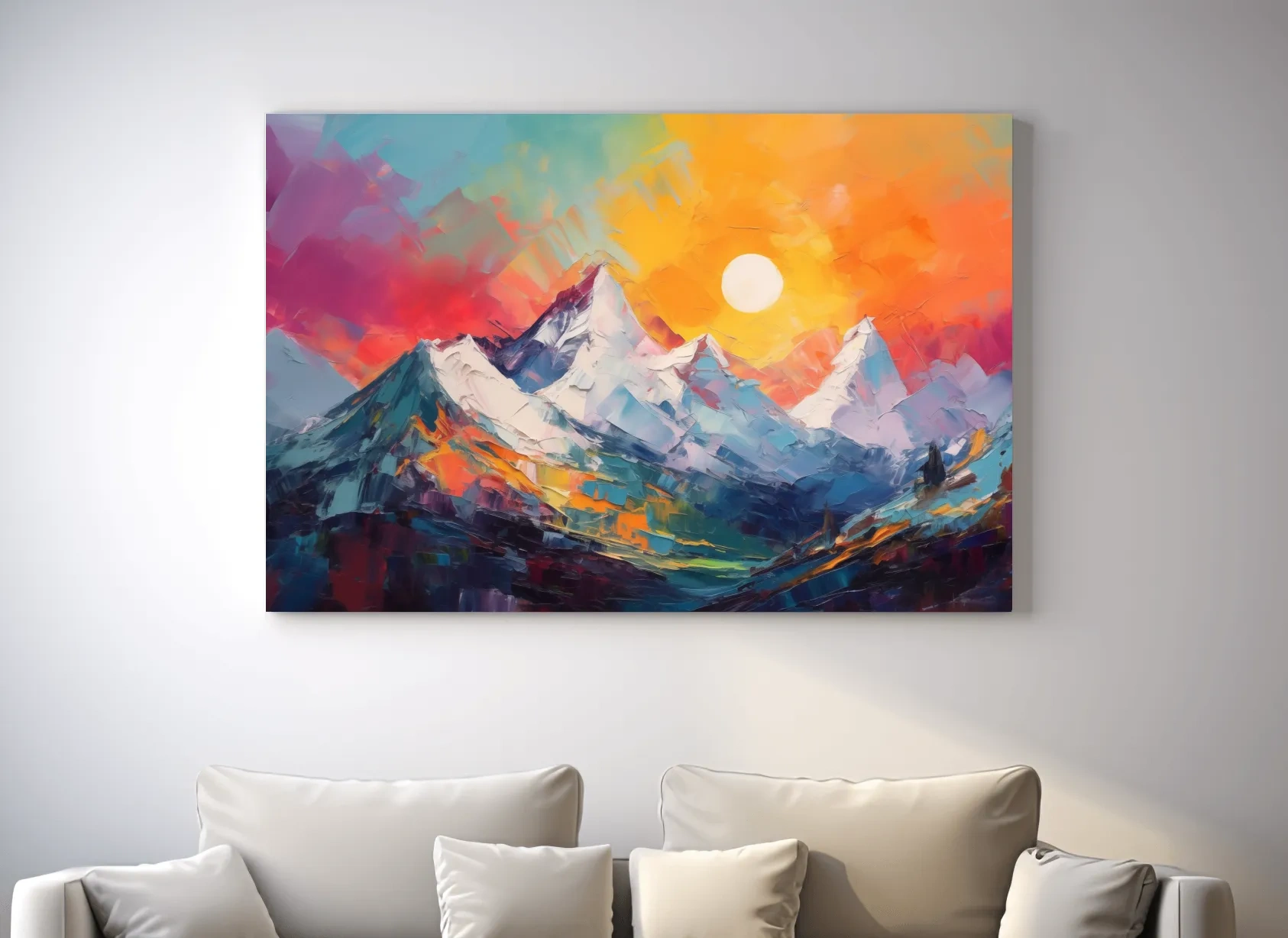 Vibrant Impasto Mountain Sunset Painting - Colorful Abstract Alpine Wall Art