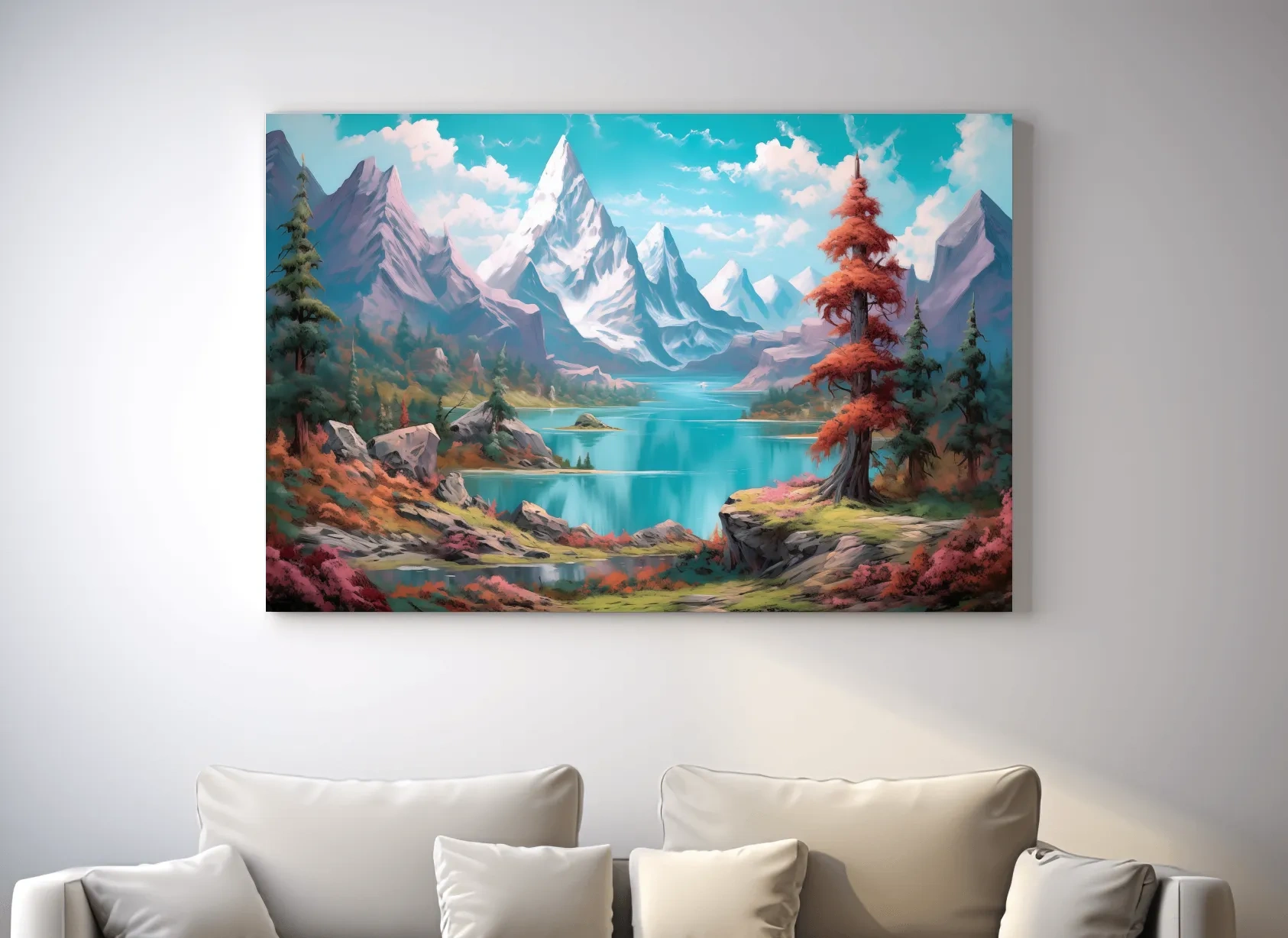 Vibrant Fantasy Alpine Lake Mountains - Surreal Colorful Artwork