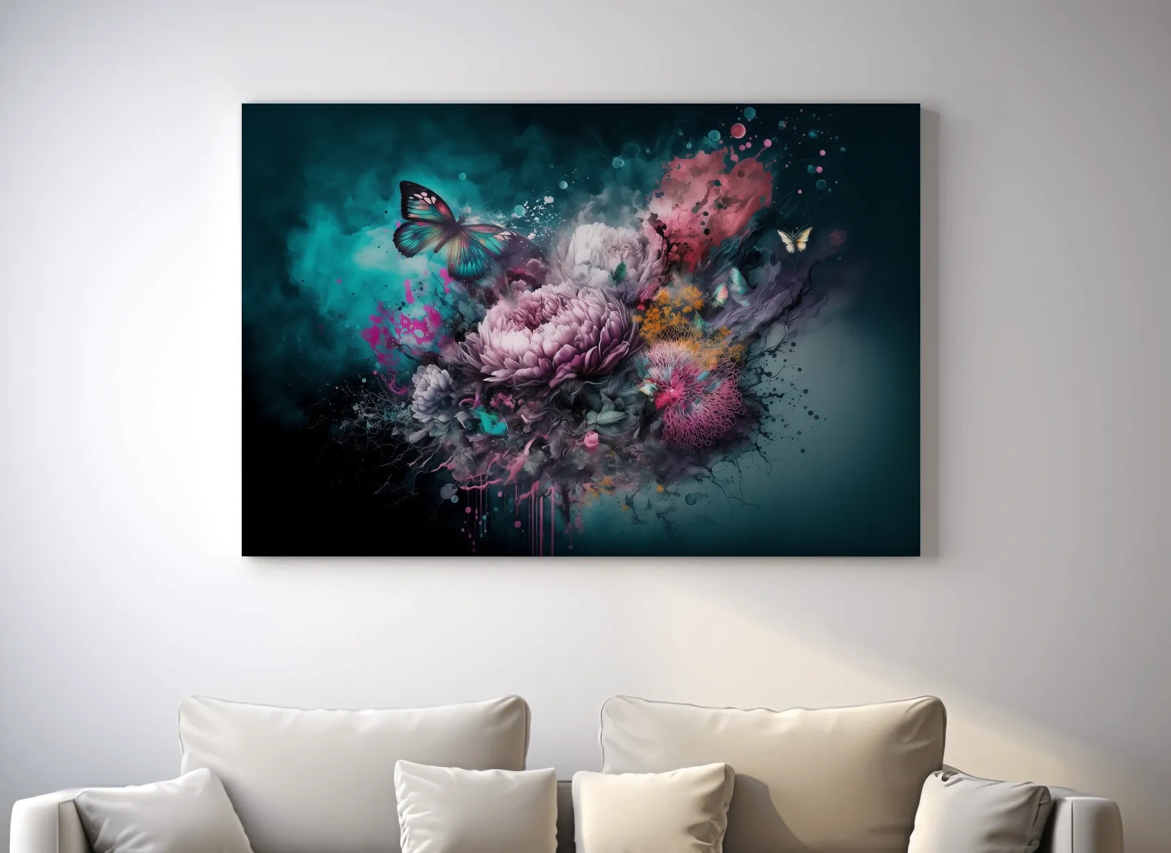 Surreal Floral Butterfly Explosion Painting - Vibrant Botanical Wall Art