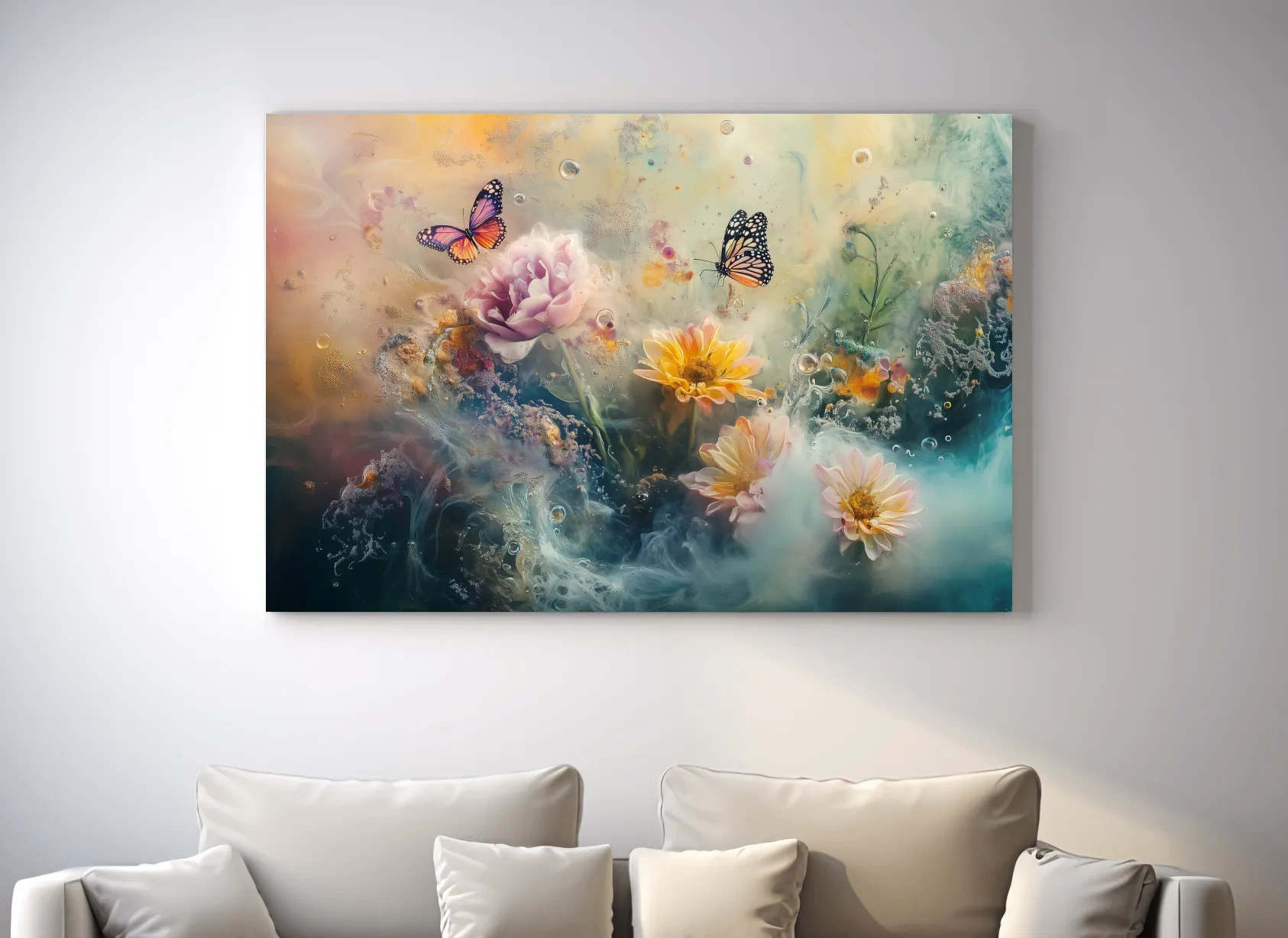 Ethereal Butterfly Floral Dreamscape - Pastel Mixed Media Wall Art