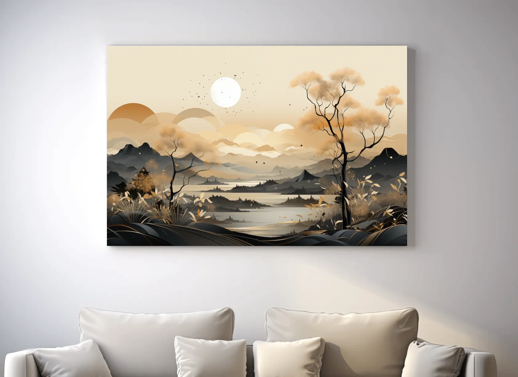 Japandi Misty Mountain Lake Landscape - Boho Wall Artwork
