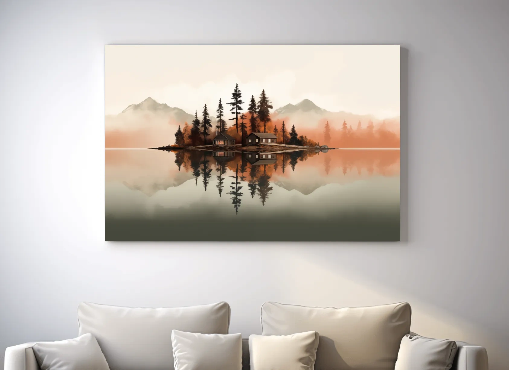 Minimalist art, lakeside cabin amongst the trees