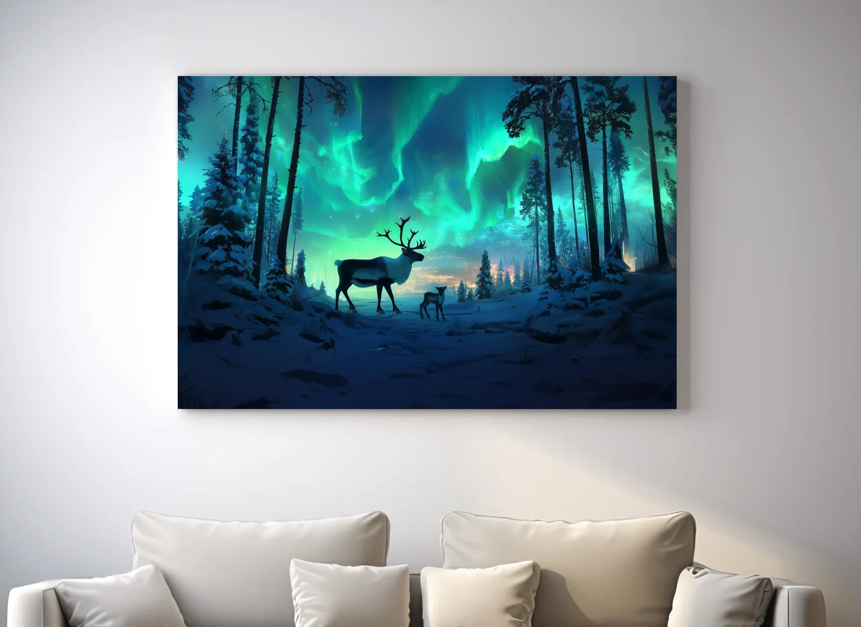 Caribou Buck Under Aurora Borealis Winter Scene - Fantasy Northern Lights Forest Wall Art
