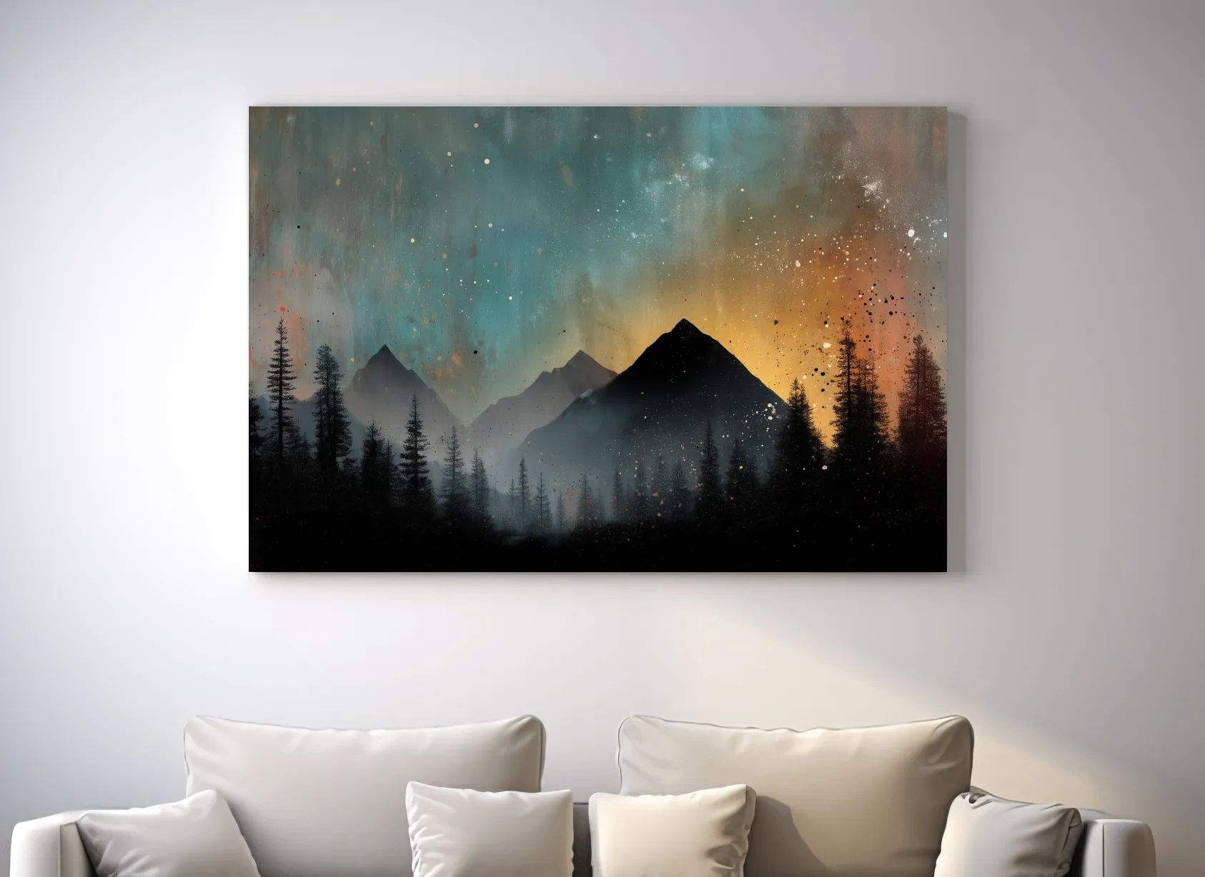 Moody Mountain Sunset Silhouette - Abstract Pine Forest Wall Art