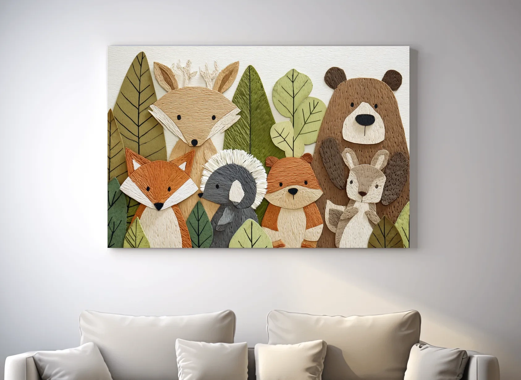 Woodland Animal Nursery Decor - Cute Forest Animals Embroidery Style Wall Art