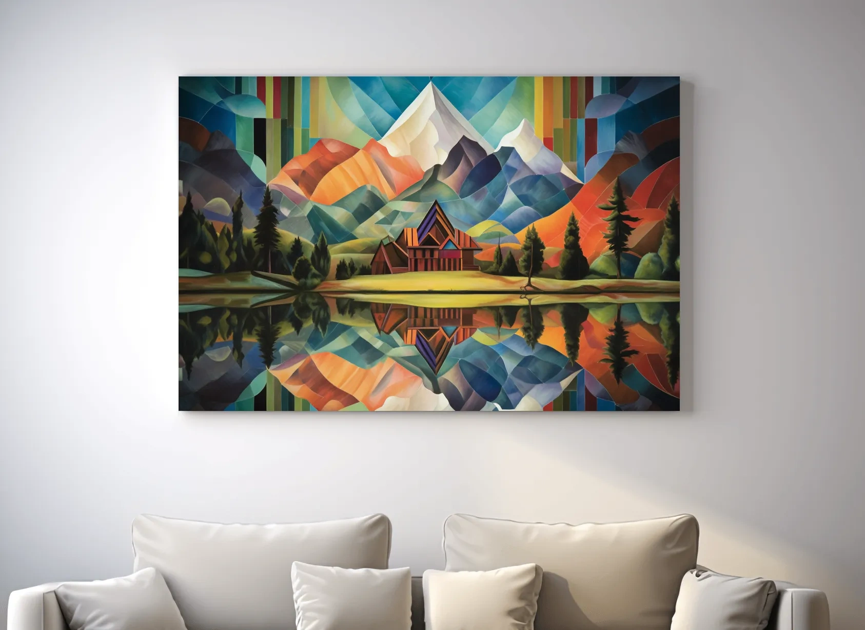 Vibrant Geometric Mountain Cabin Lake Reflection - Colorful Abstract Landscape Wall Art