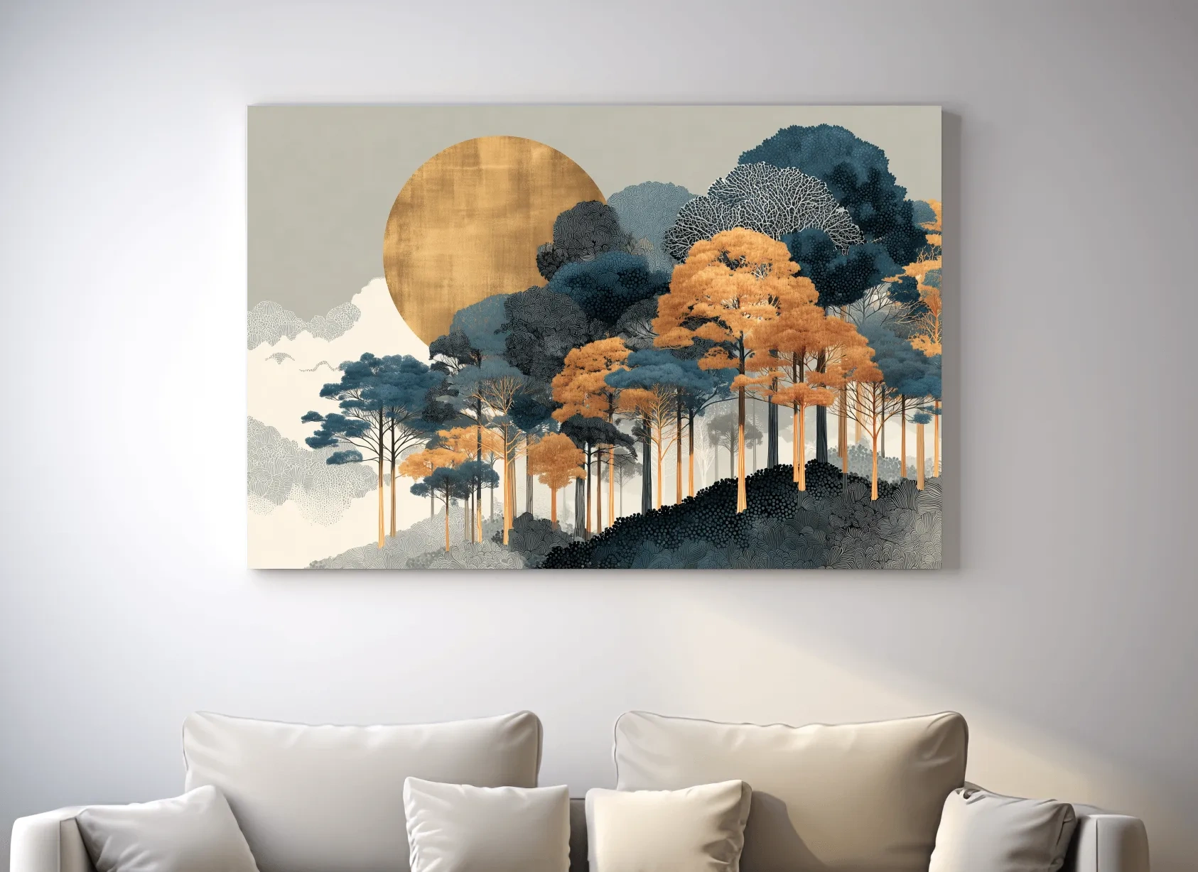 Modern Chic Golden Sun Over Autumn Forest - Elegant Boho Landscape Wall Art
