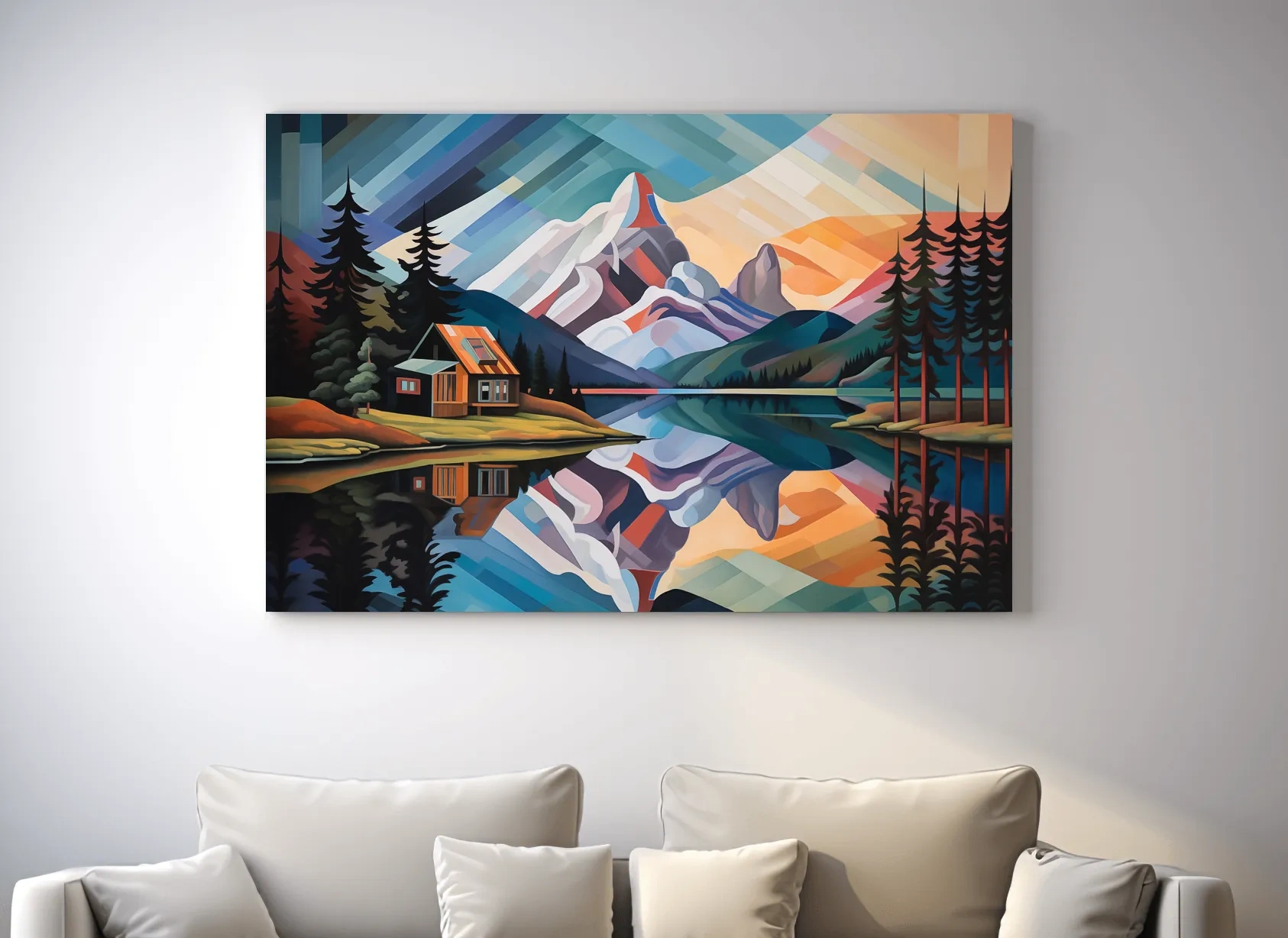 Mountain Cabin by the Lake Canvas Print - Abstract Oil Painting Sunset Wall Art
