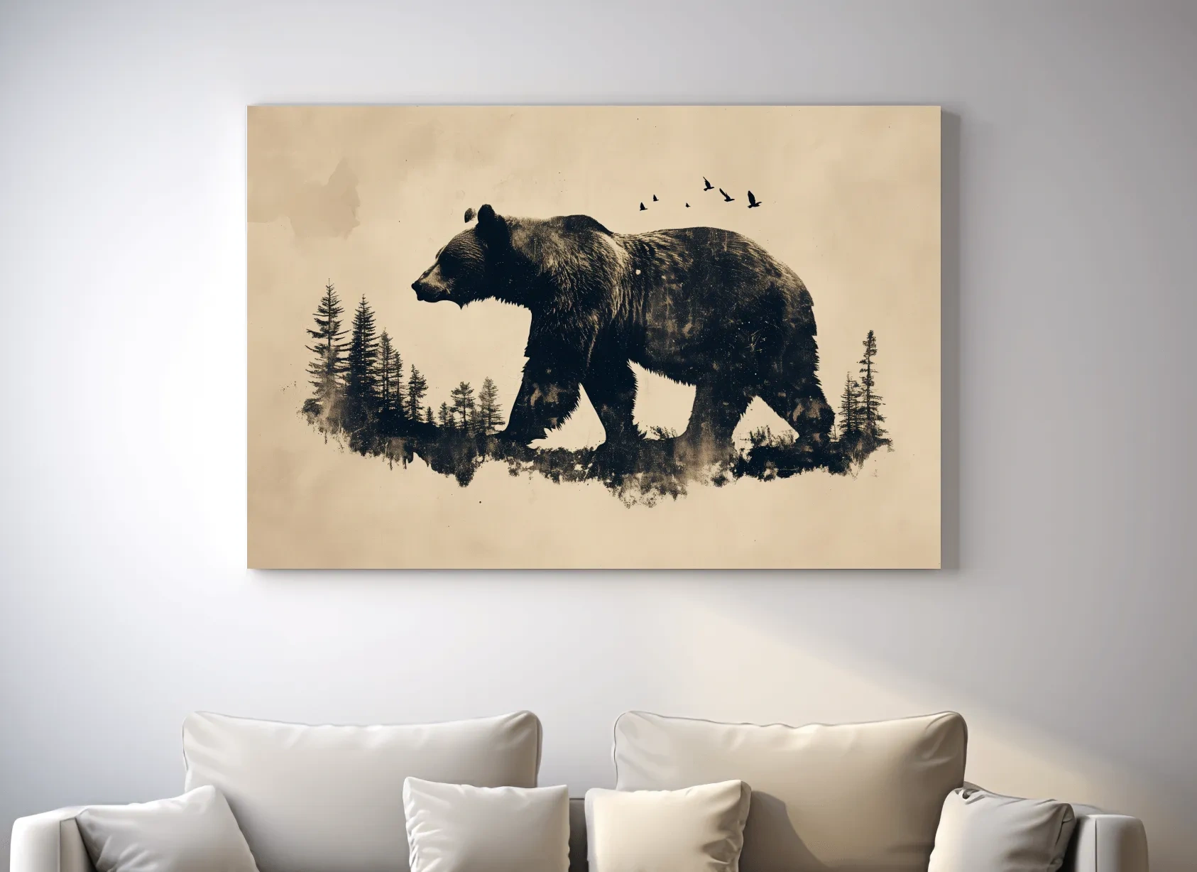 Vintage Grizzly Bear Forest Silhouette - Rustic Wildlife Wall Art