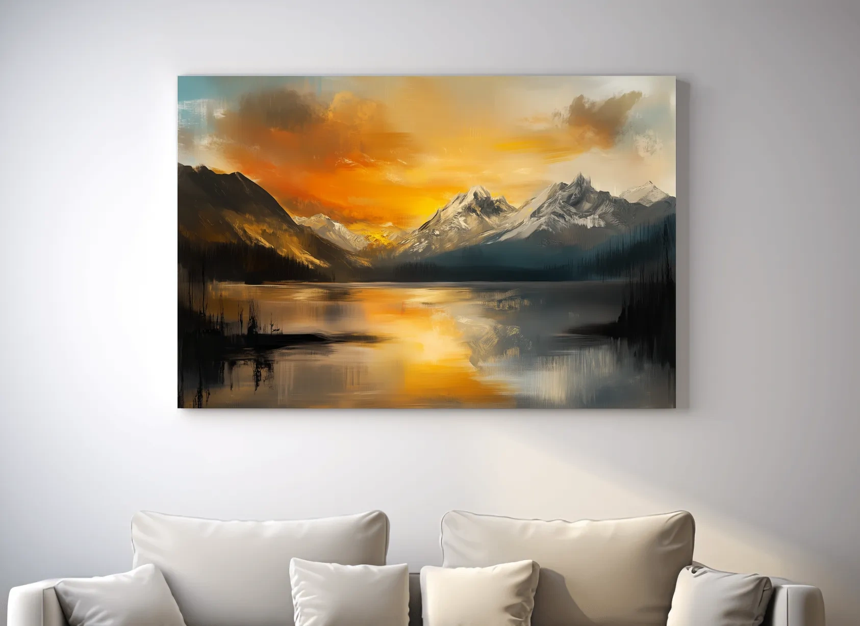Moody Alpine Mountain Lake Sunset Painting - Oil Painting Style Wall Art